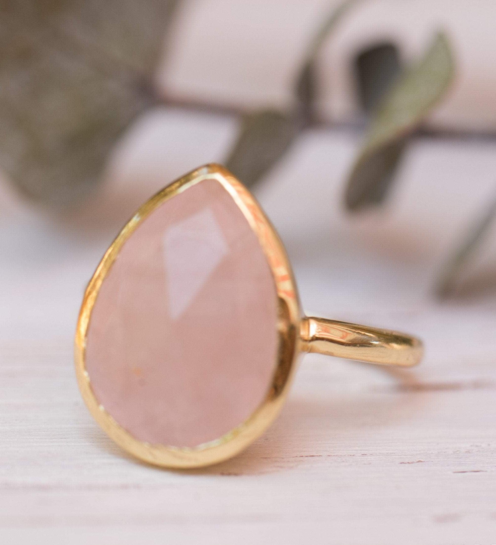 Rose Quartz Tear Drop Ring ~ 18k Gold Plated ~ MR148 - Maresia Jewelry