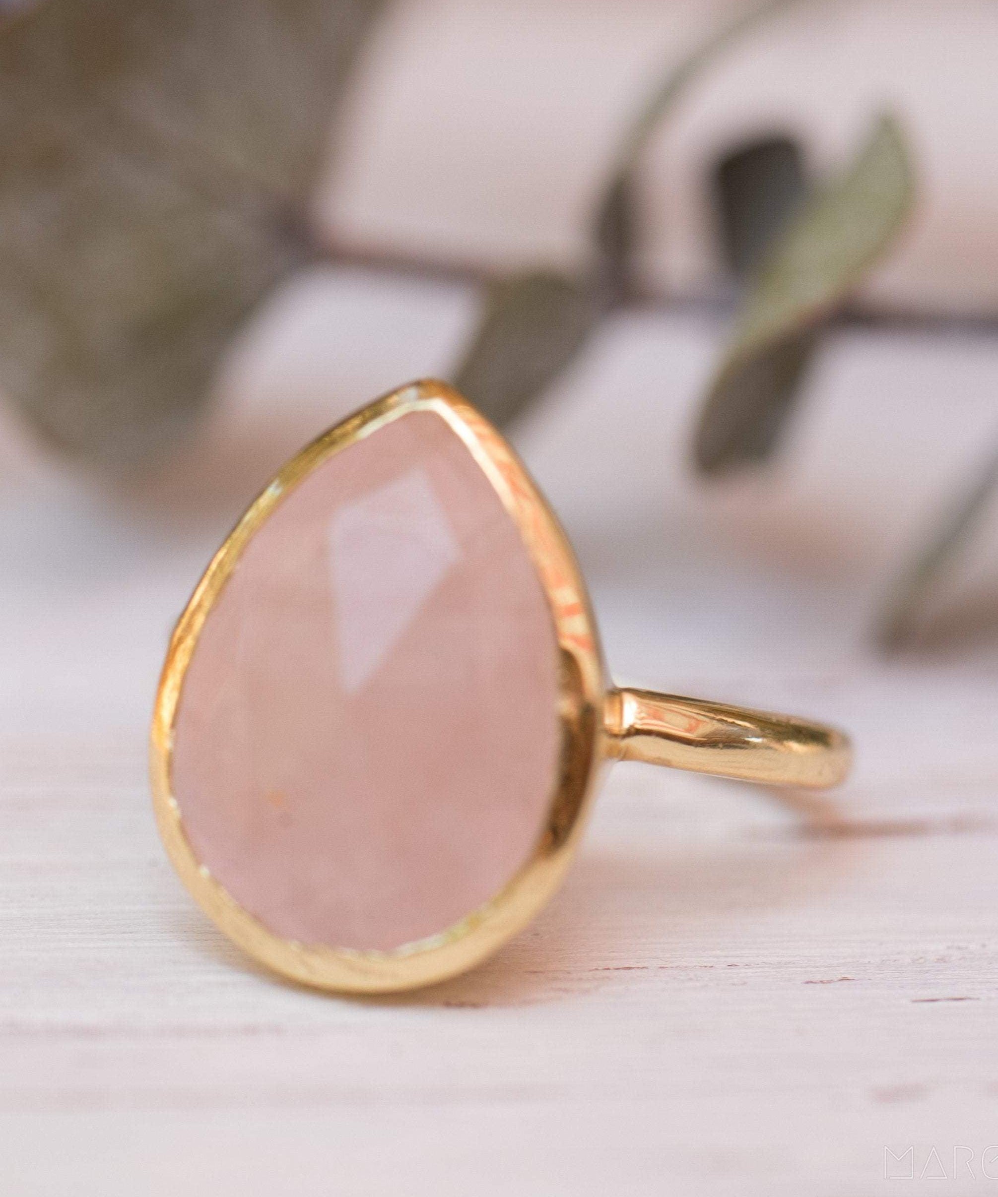 Rose Quartz Tear Drop Ring ~ 18k Gold Plated ~ MR148 - Maresia Jewelry