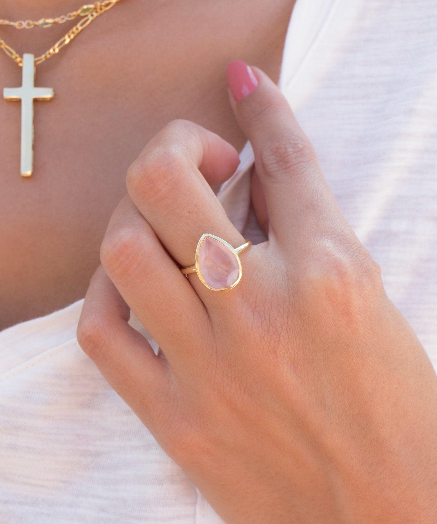 Rose Quartz Tear Drop Ring ~ 18k Gold Plated ~ MR148 - Maresia Jewelry