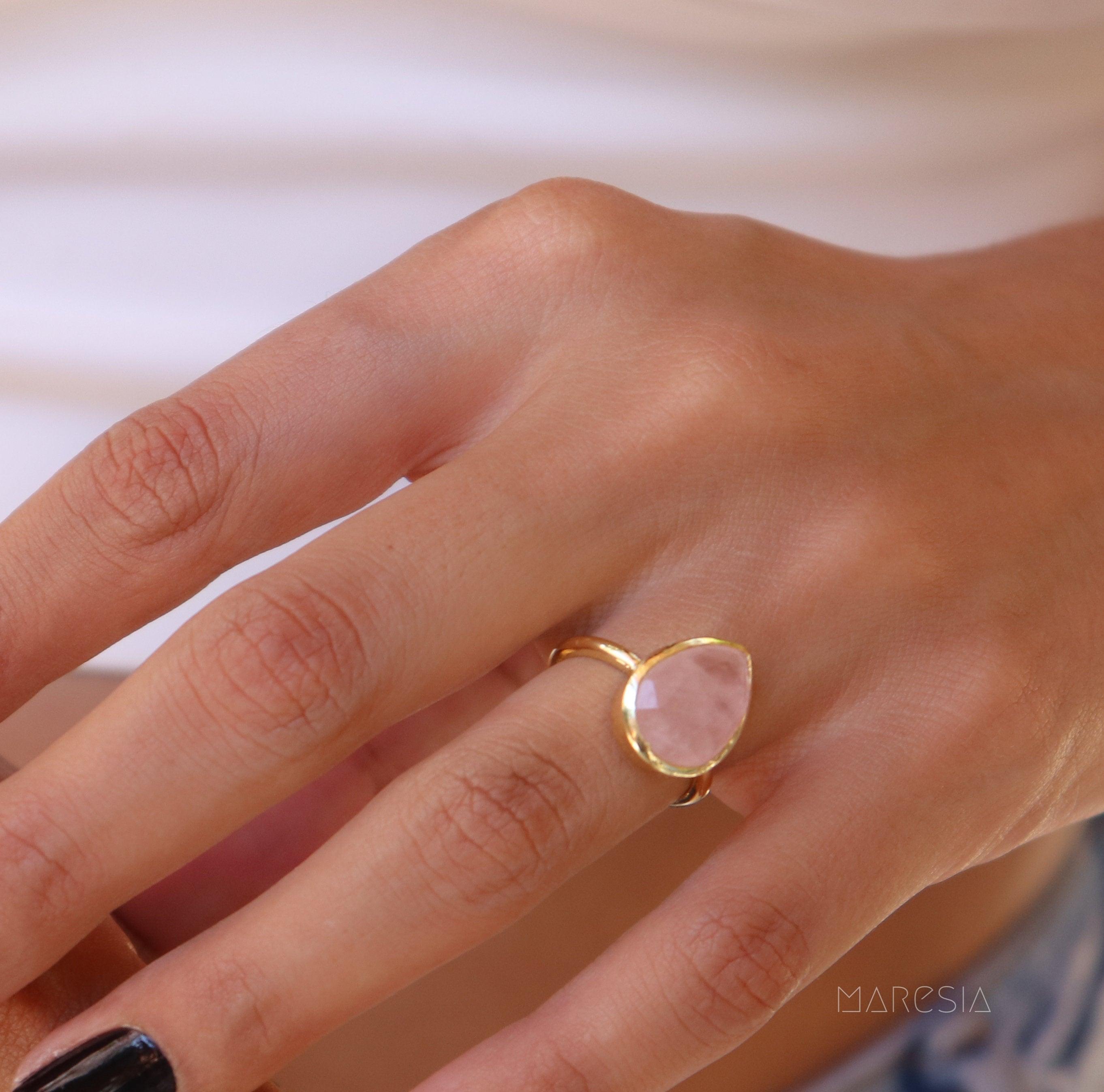 Rose Quartz Tear Drop Ring ~ 18k Gold Plated ~ MR148 - Maresia Jewelry