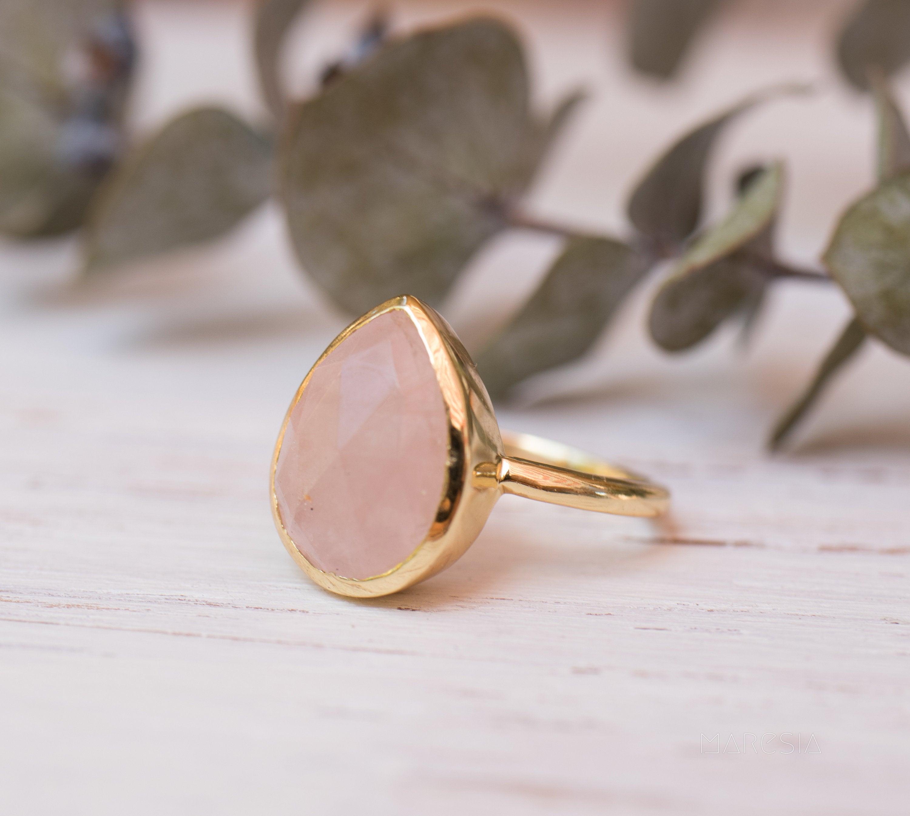 Rose Quartz Tear Drop Ring ~ 18k Gold Plated ~ MR148 - Maresia Jewelry