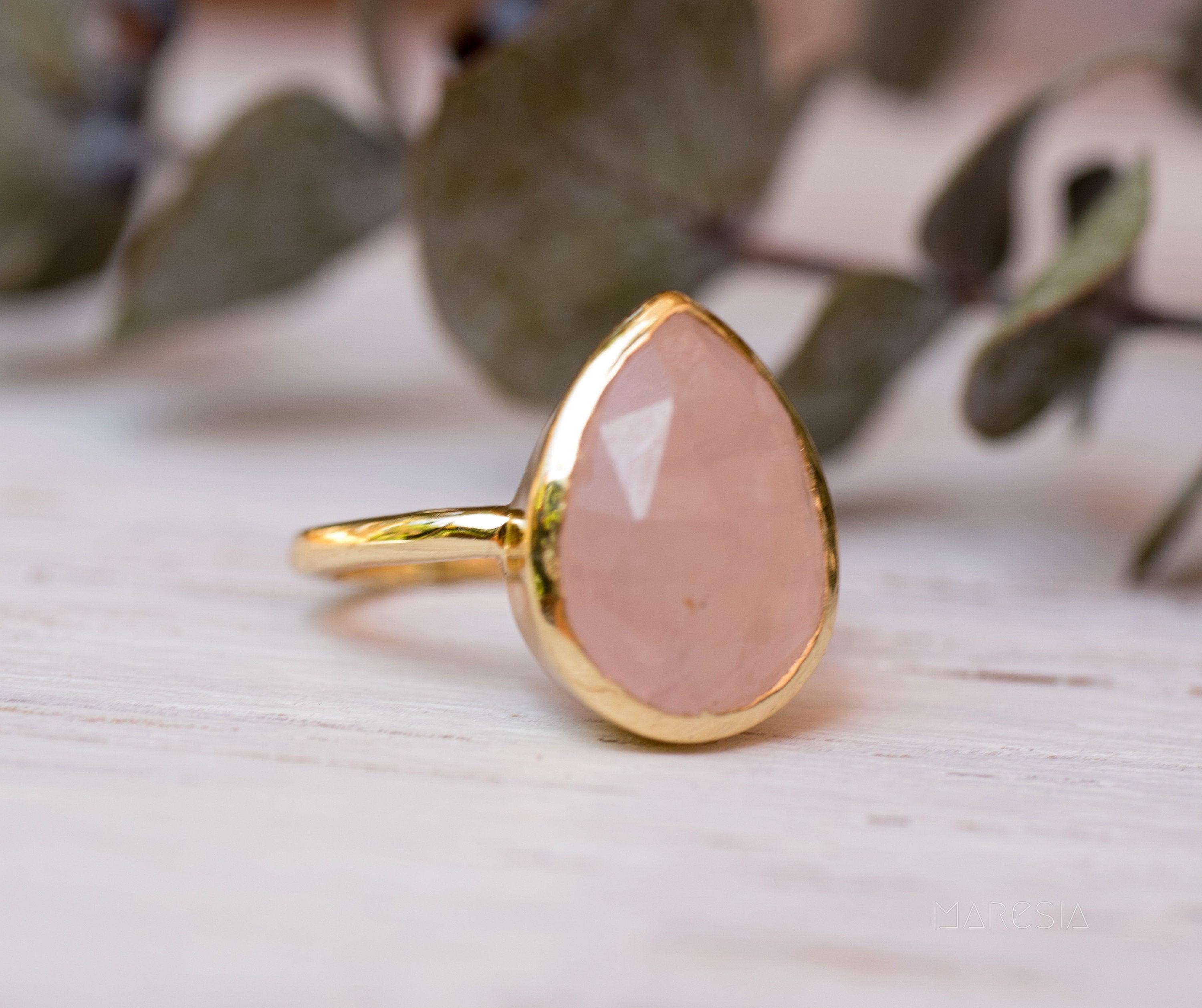 Rose Quartz Tear Drop Ring ~ 18k Gold Plated ~ MR148 - Maresia Jewelry