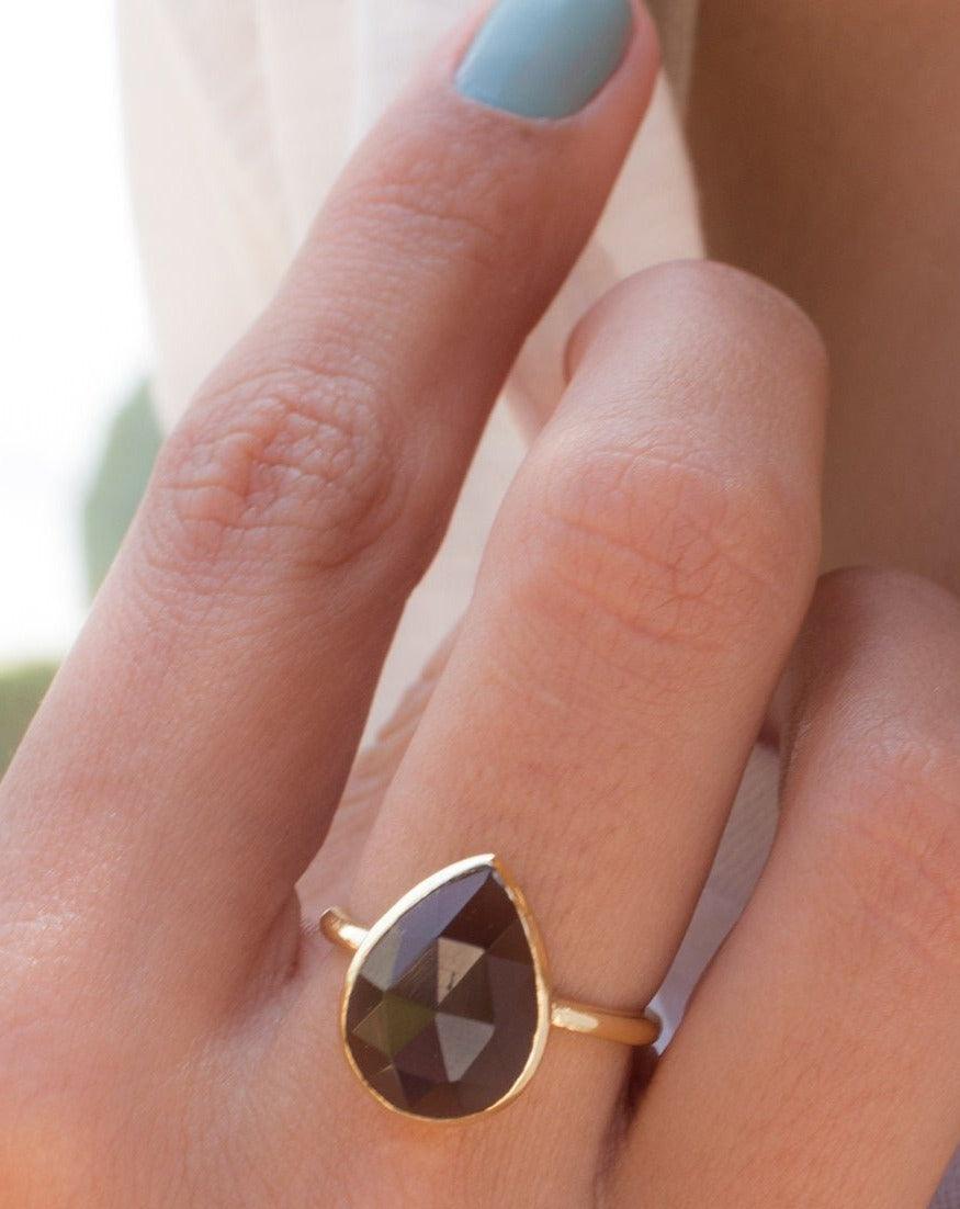 Lia Smoky Quartz Gold Ring ~ 18k Gold Plated~MR159 - Maresia Jewelry