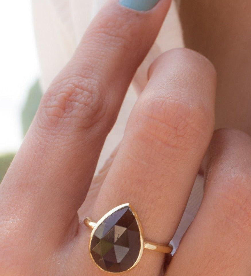 Lia Smoky Quartz Gold Ring ~ 18k Gold Plated~MR159 - Maresia Jewelry
