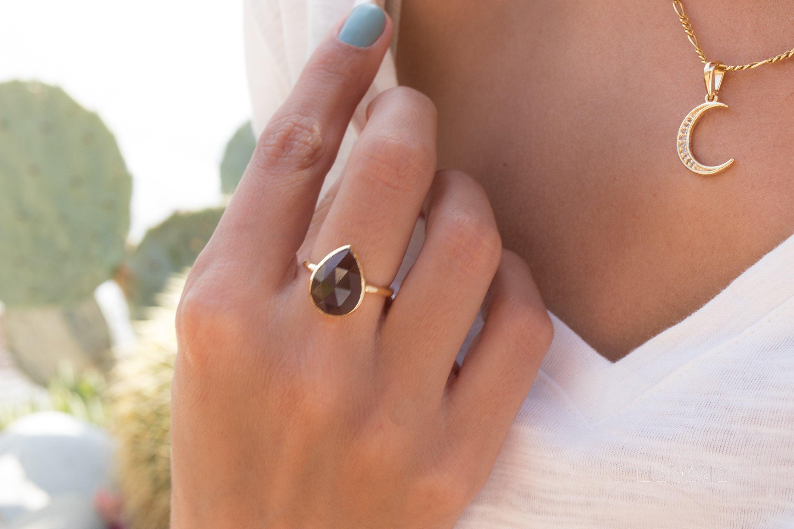 Lia Smoky Quartz Gold Ring ~ 18k Gold Plated~MR159 - Maresia Jewelry