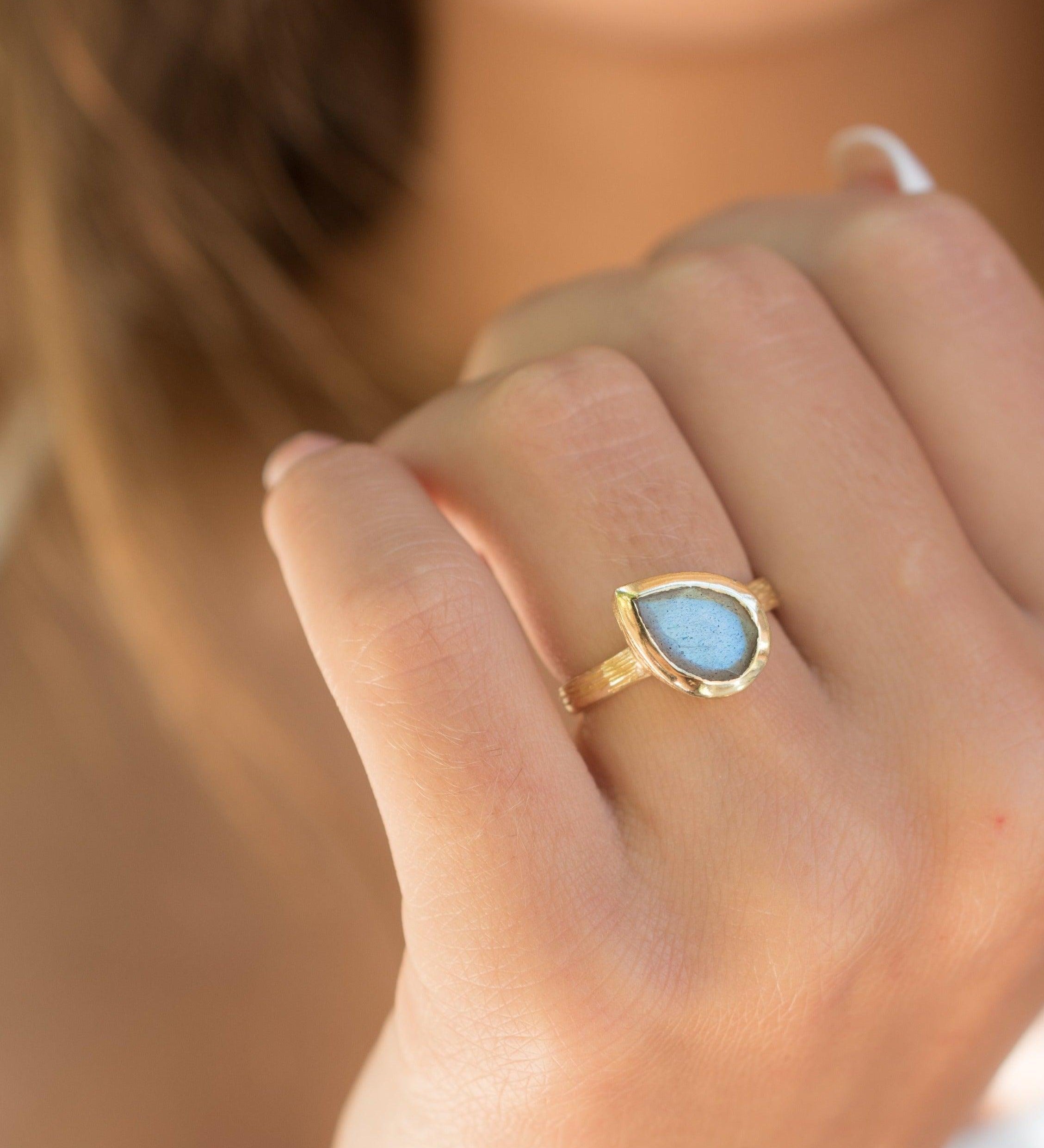 Rainbow Labradorite Tear Drop Ring ~ 18k Gold Plated ~ - Maresia Jewelry