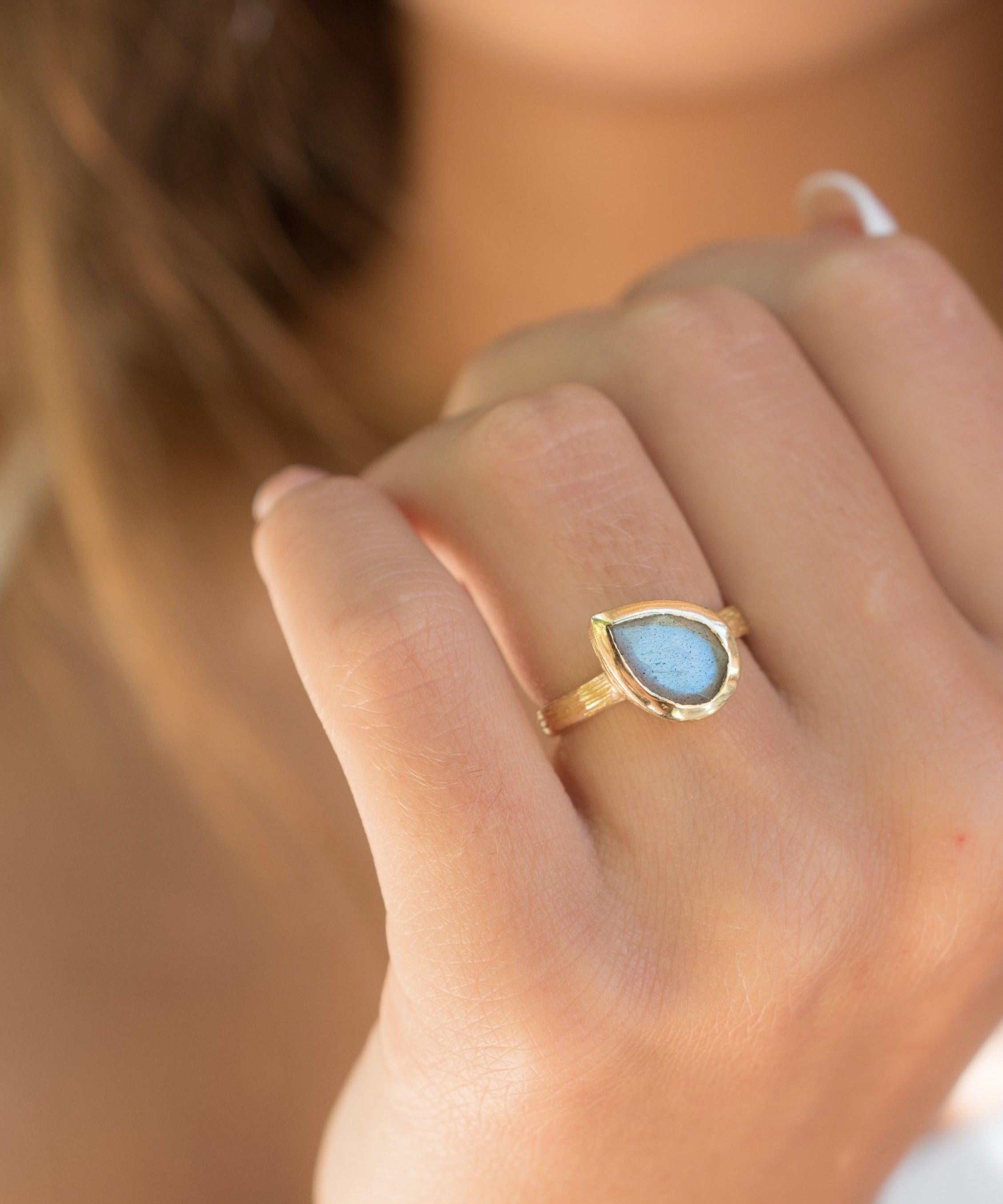 Rainbow Labradorite Tear Drop Ring ~ 18k Gold Plated ~ - Maresia Jewelry