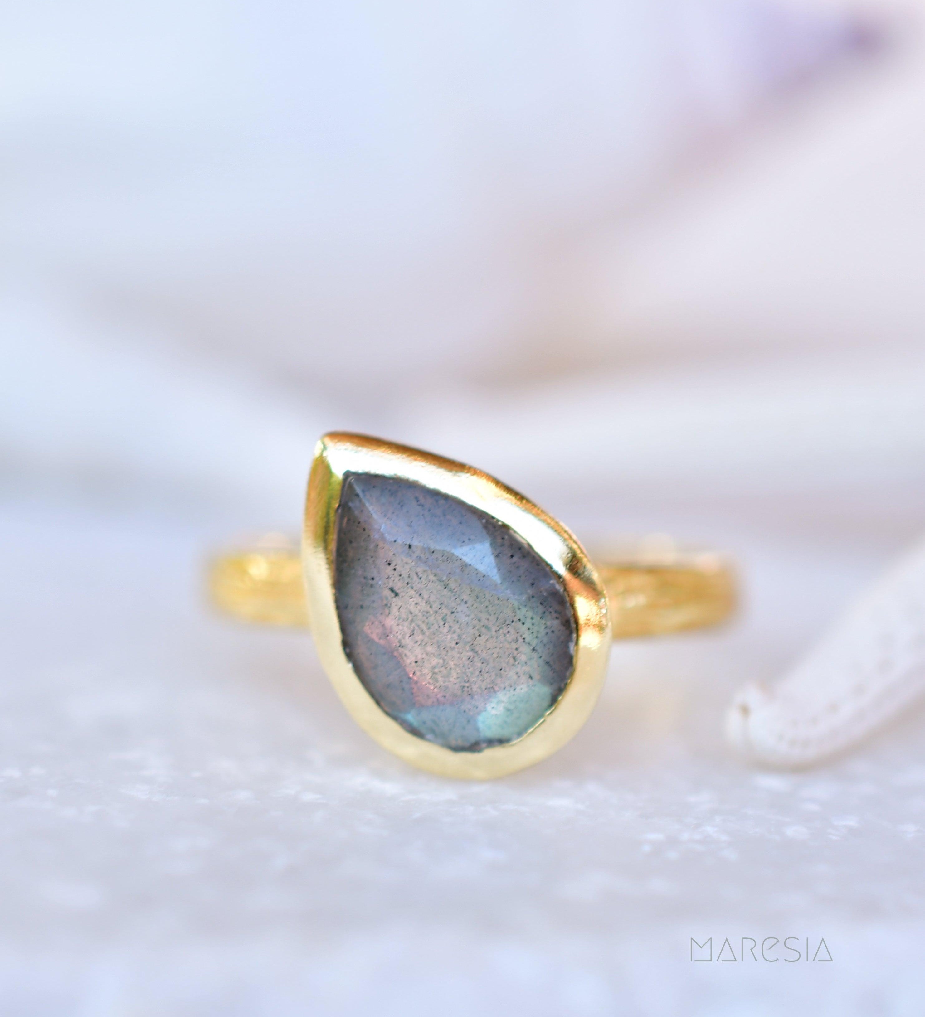 Lica Rainbow Labradorite Tear Drop Ring ~ 18k Gold Plated ~ SMR127 - Maresia Jewelry