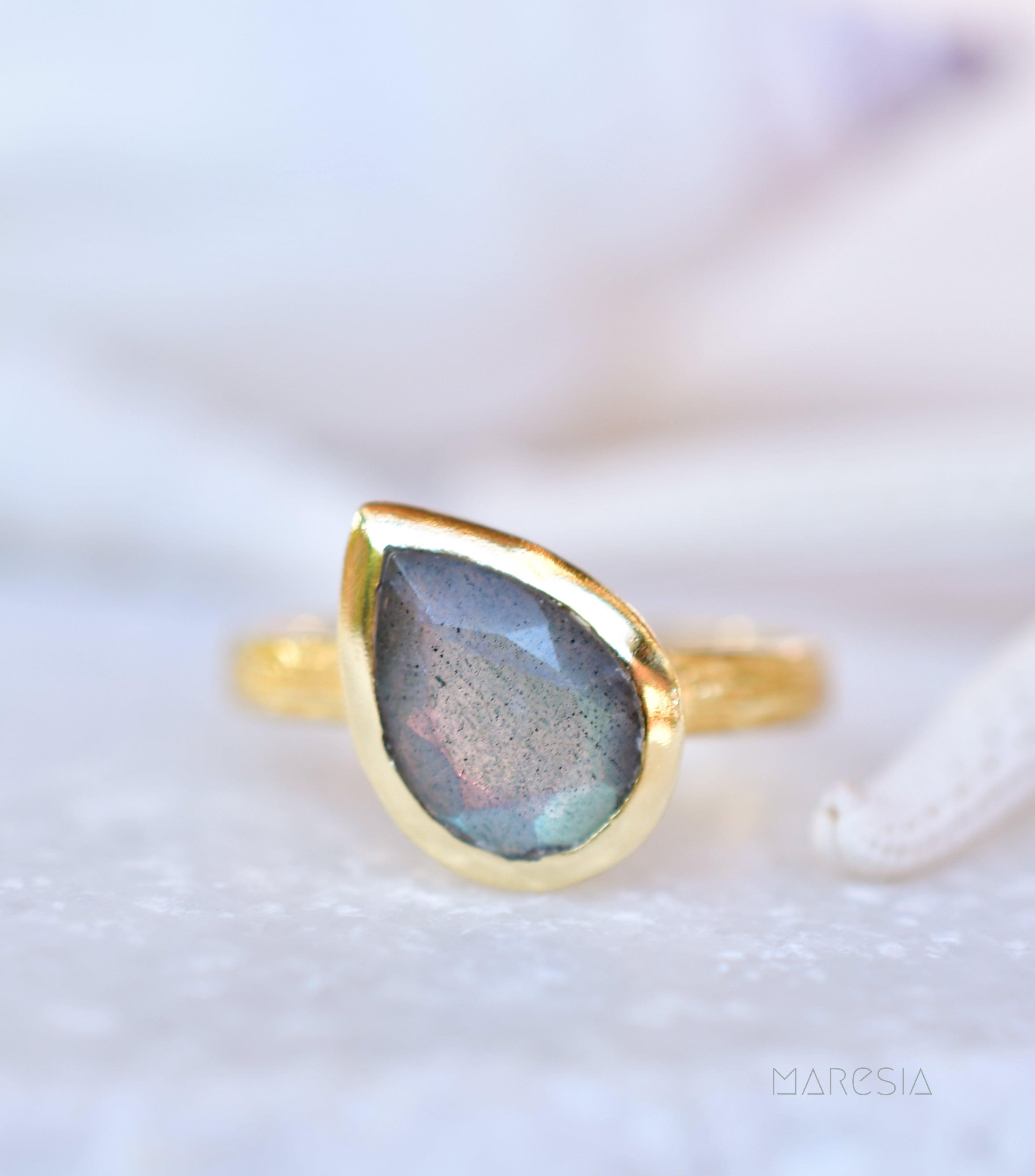 Lica Rainbow Labradorite Tear Drop Ring ~ 18k Gold Plated ~ SMR127 - Maresia Jewelry