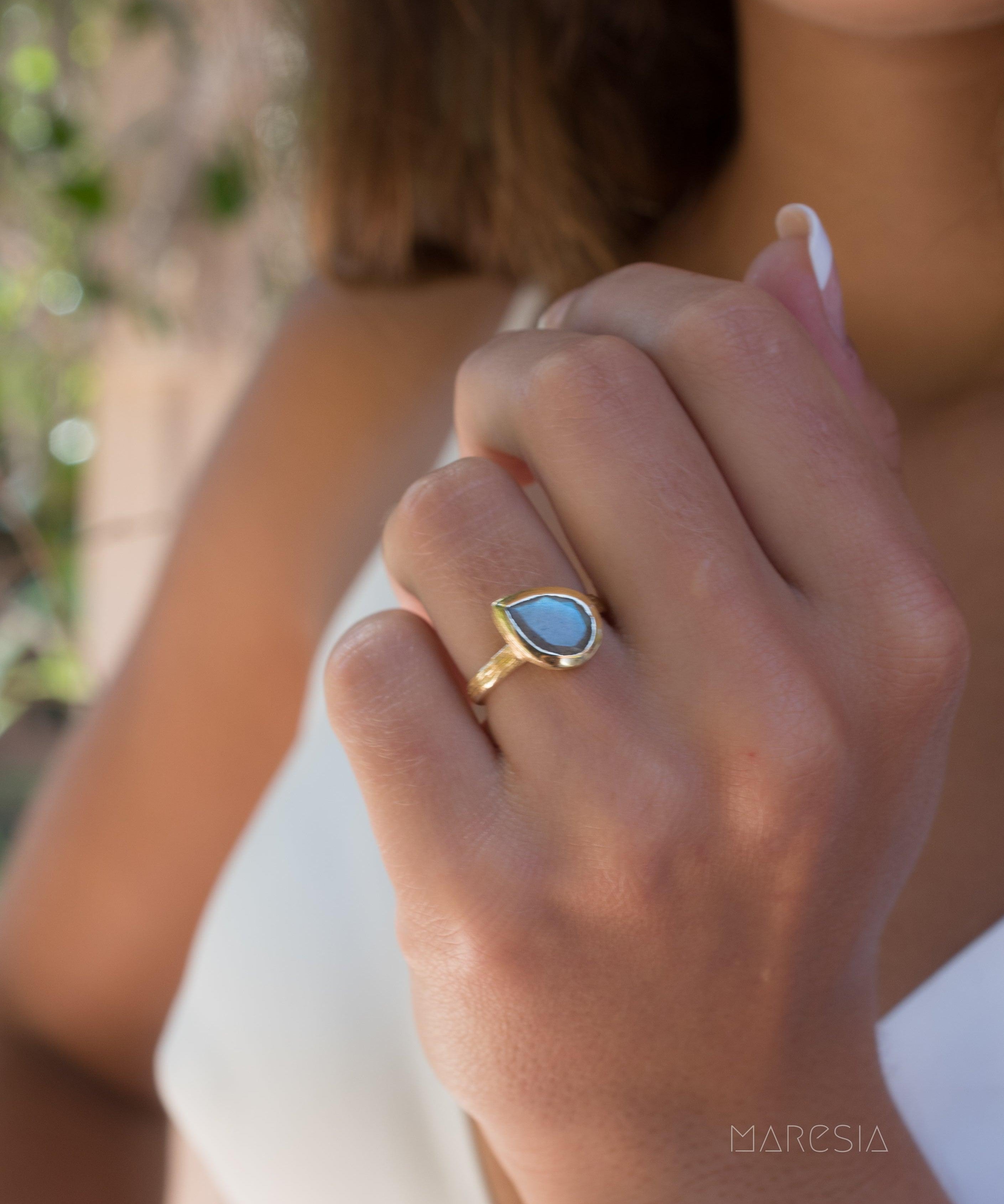 Rainbow Labradorite Tear Drop Ring ~ 18k Gold Plated ~ - Maresia Jewelry