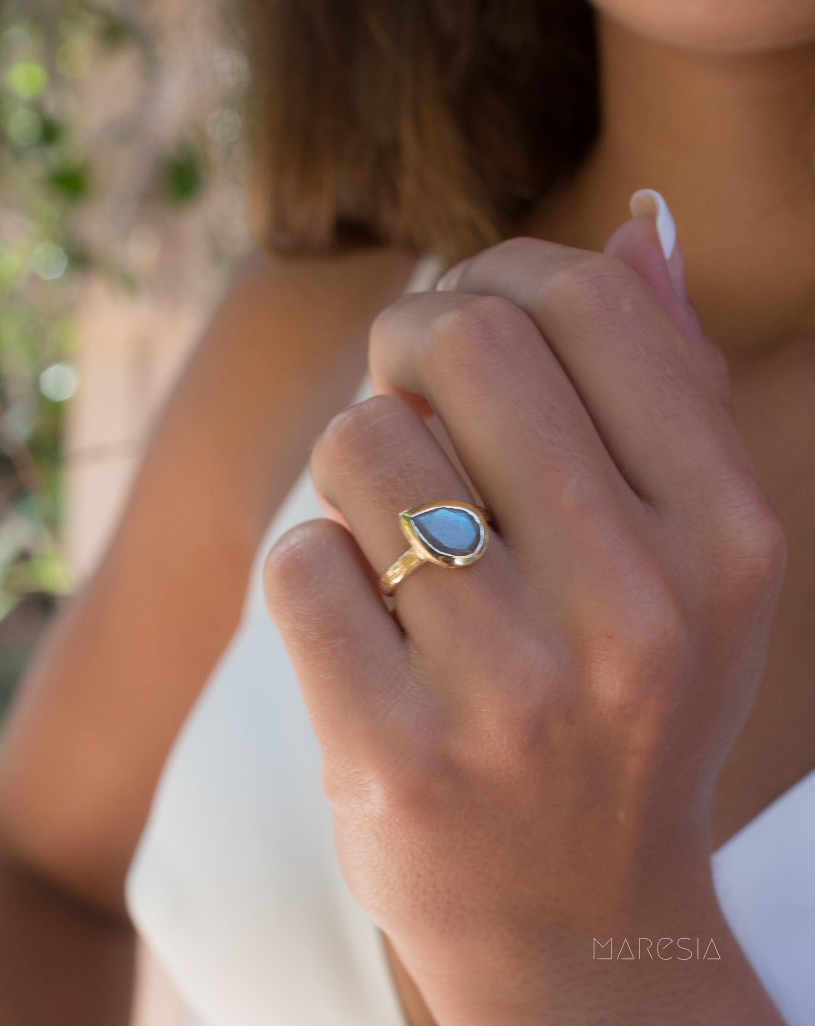 Rainbow Labradorite Tear Drop Ring ~ 18k Gold Plated ~ - Maresia Jewelry