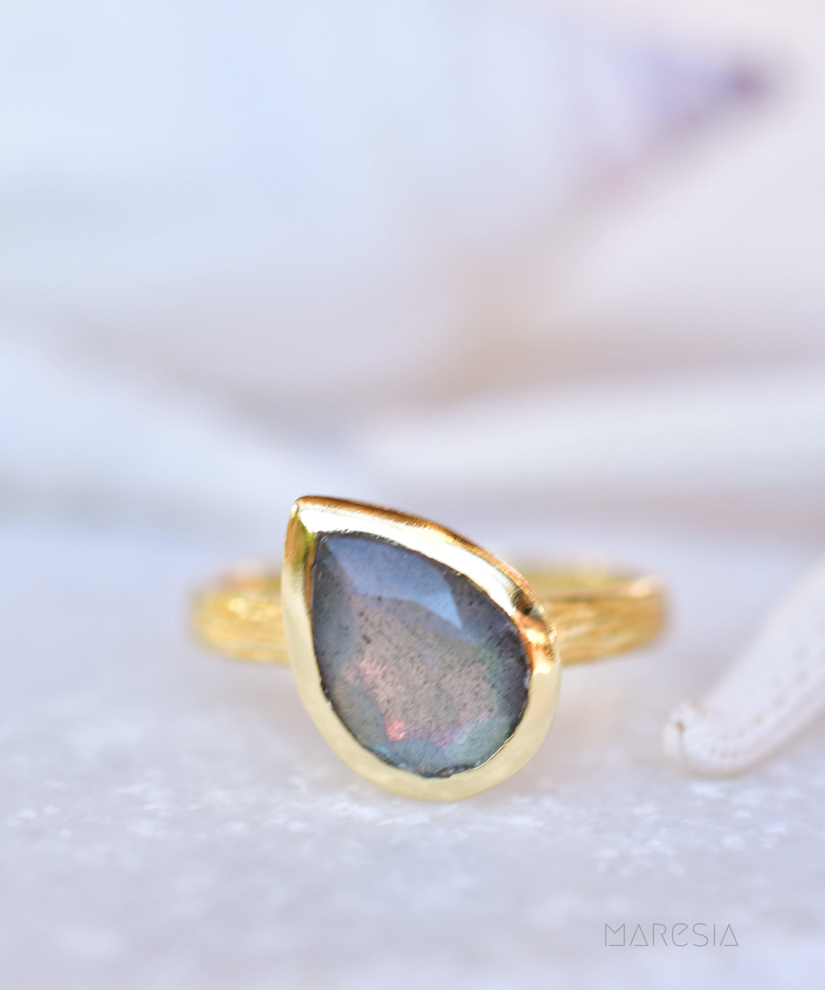 Lica Rainbow Labradorite Tear Drop Ring ~ 18k Gold Plated ~ SMR127 - Maresia Jewelry