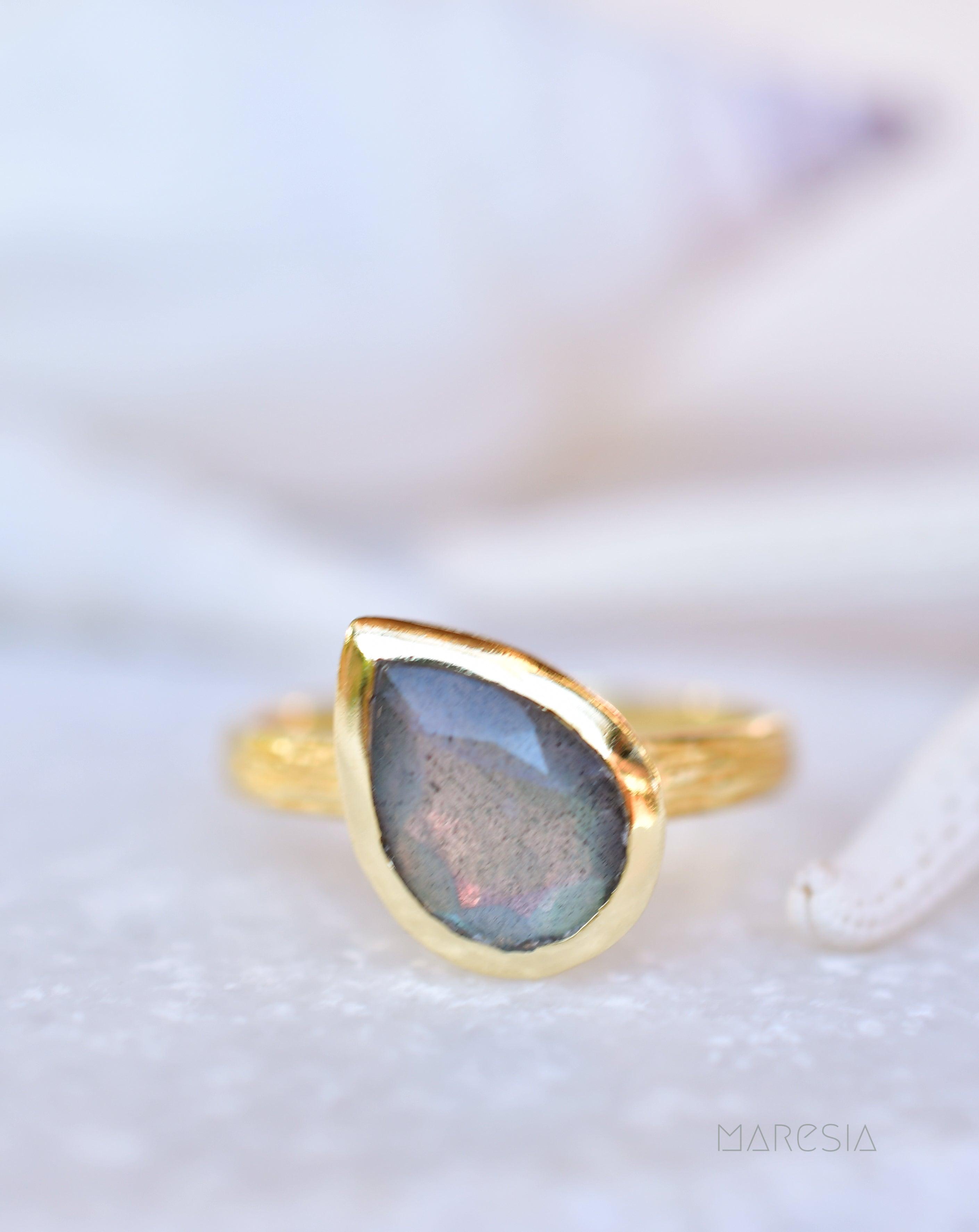 Lica Rainbow Labradorite Tear Drop Ring ~ 18k Gold Plated ~ SMR127 - Maresia Jewelry