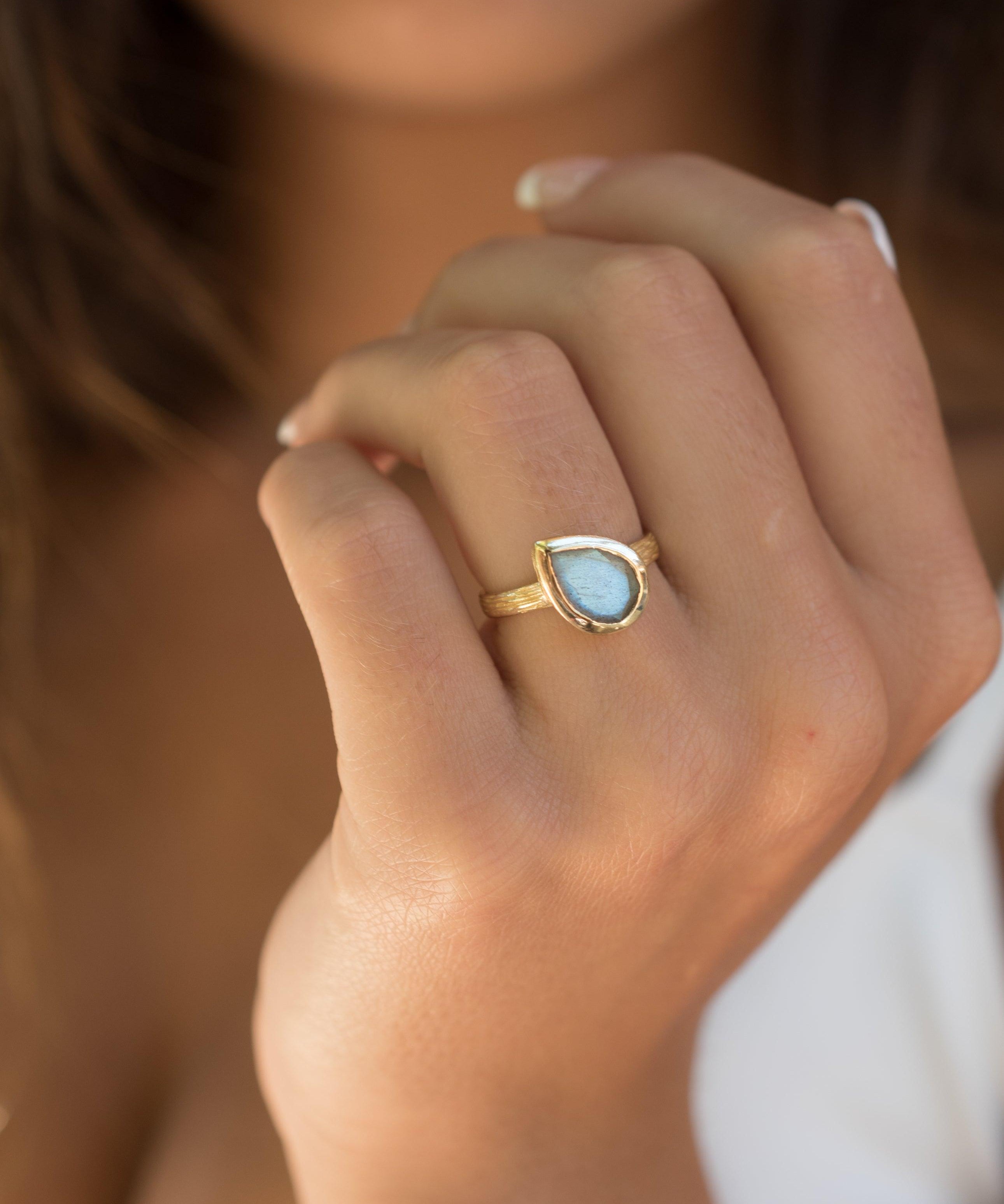 Rainbow Labradorite Tear Drop Ring ~ 18k Gold Plated ~ - Maresia Jewelry