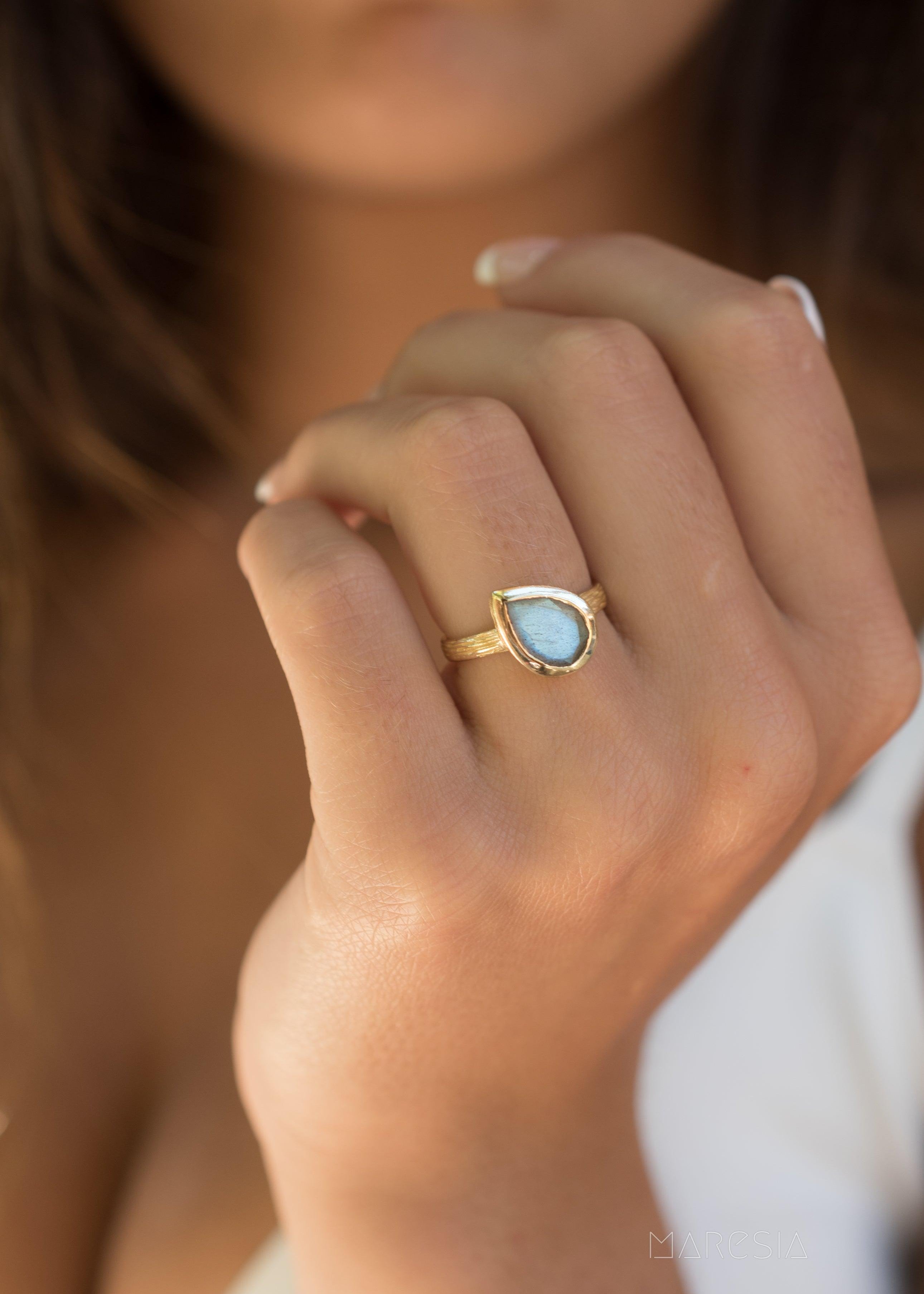 Rainbow Labradorite Tear Drop Ring ~ 18k Gold Plated ~ - Maresia Jewelry