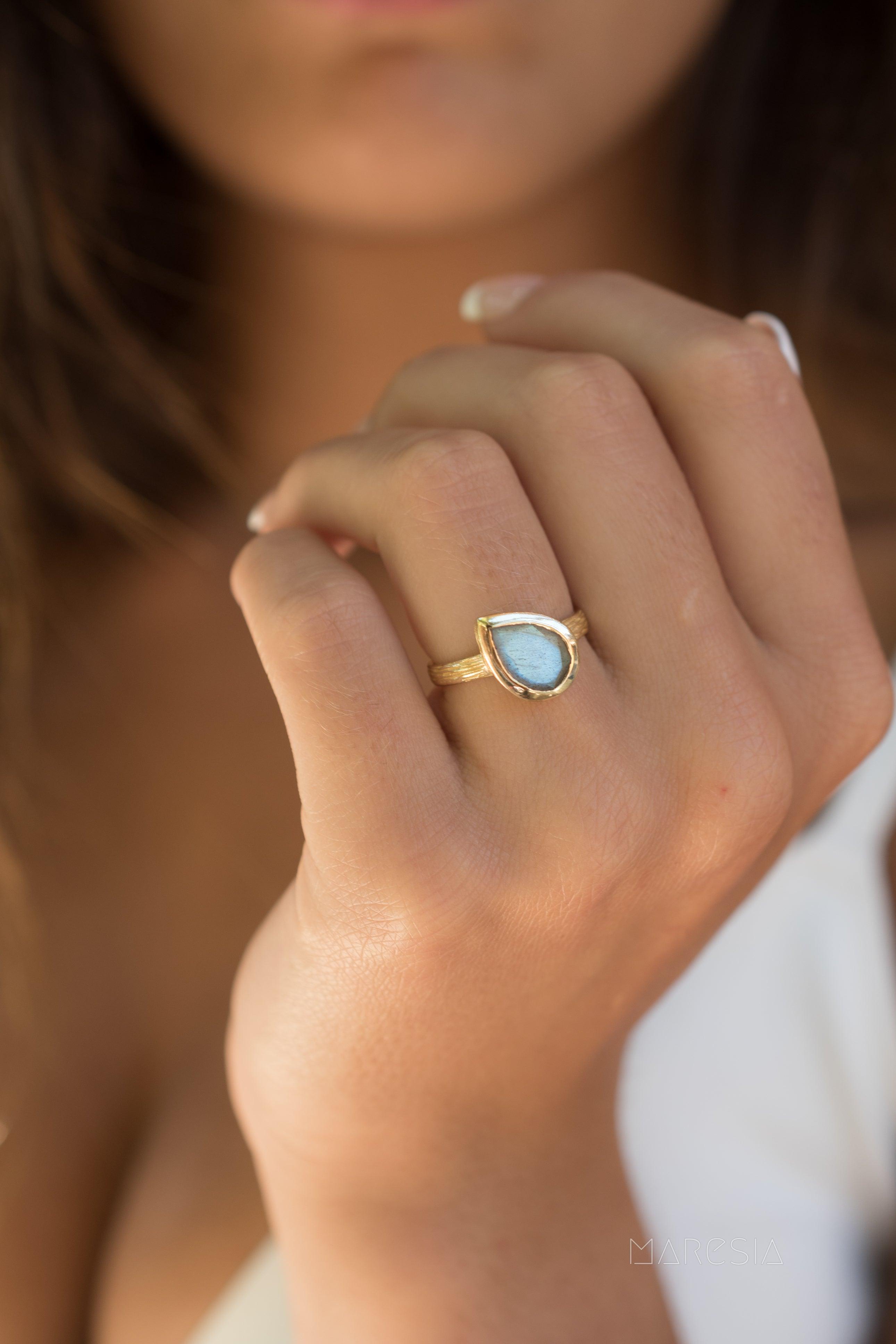 Rainbow Labradorite Tear Drop Ring ~ 18k Gold Plated ~ - Maresia Jewelry