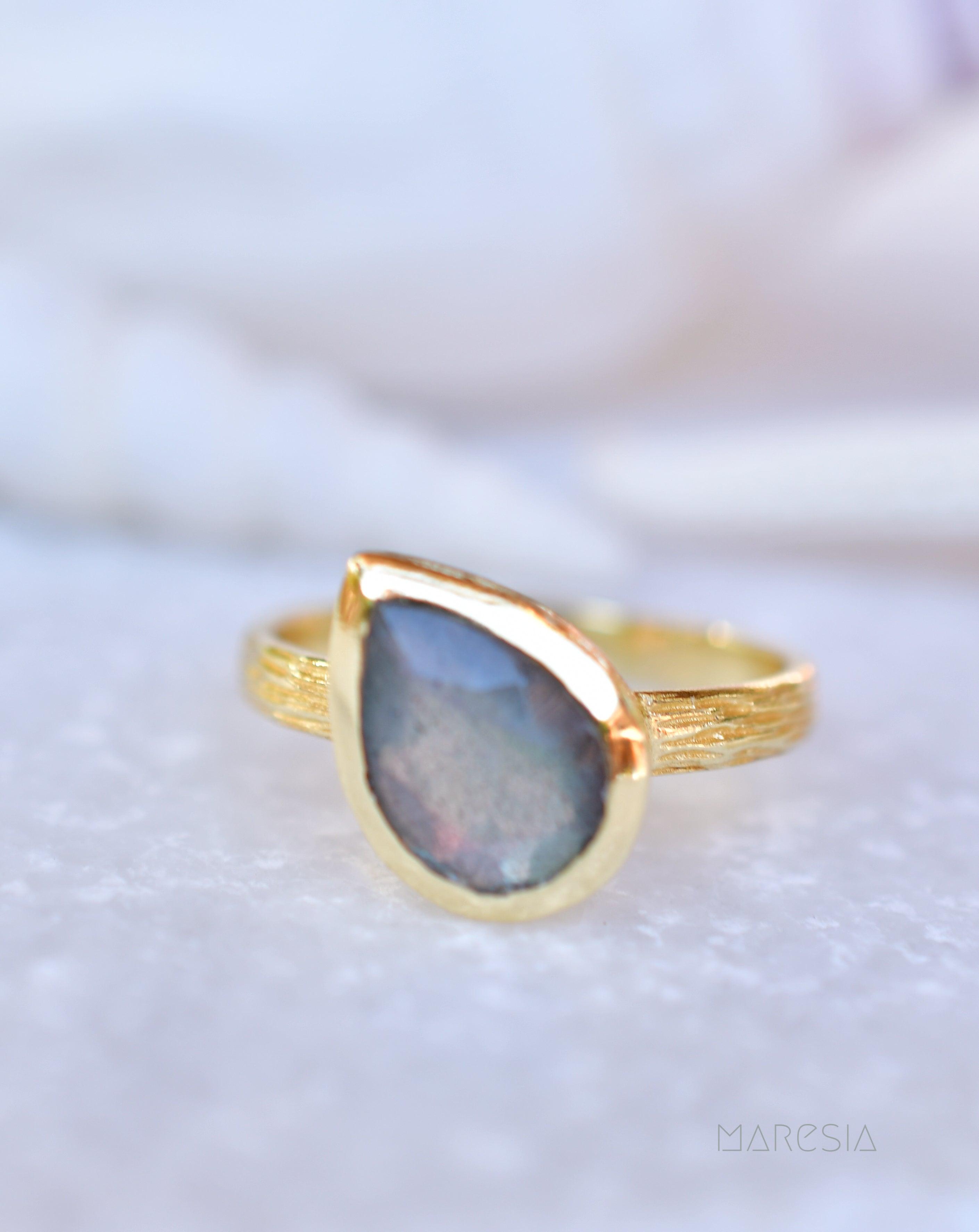Lica Rainbow Labradorite Tear Drop Ring ~ 18k Gold Plated ~ SMR127 - Maresia Jewelry