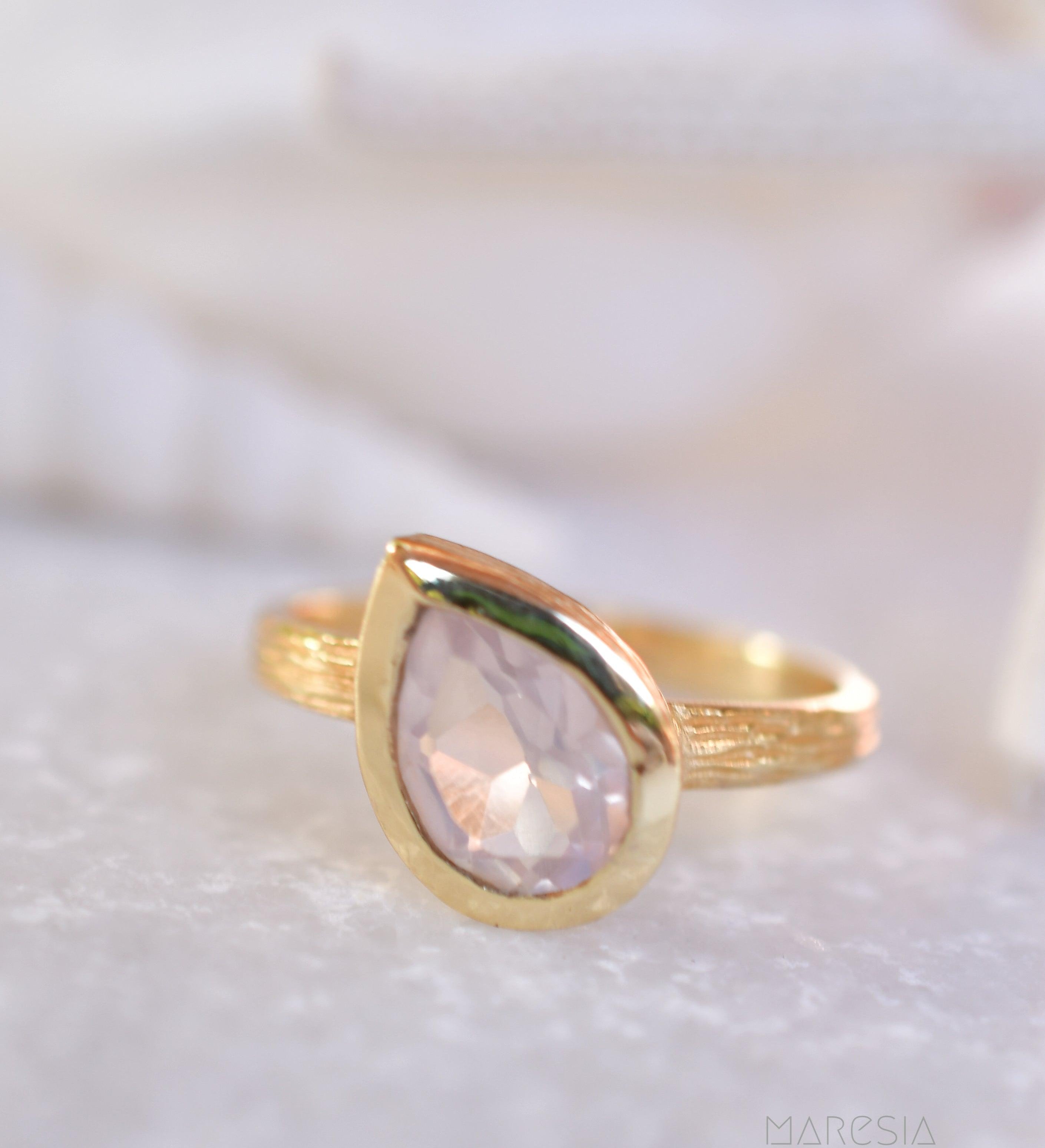 Lica Rose Quartz Tear Drop Gold Ring ~ 18k Gold Plated ~ SMR126 - Maresia Jewelry