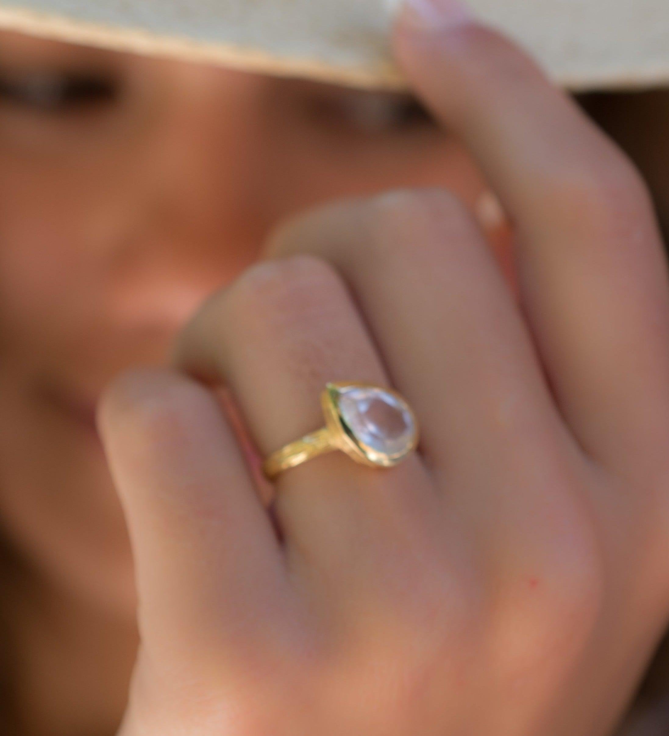 Rose Quartz Tear Drop Gold Ring ~ 18k Gold Plated ~ - Maresia Jewelry