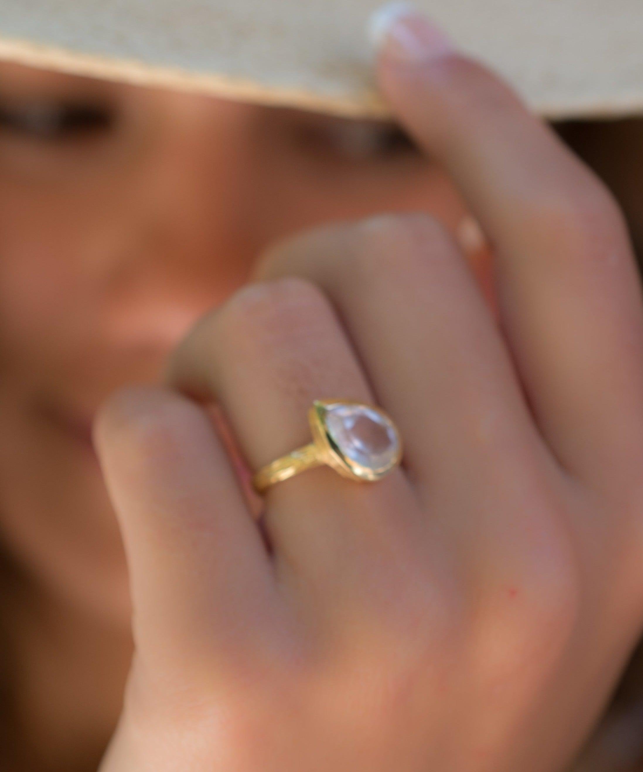 Rose Quartz Tear Drop Gold Ring ~ 18k Gold Plated ~ - Maresia Jewelry
