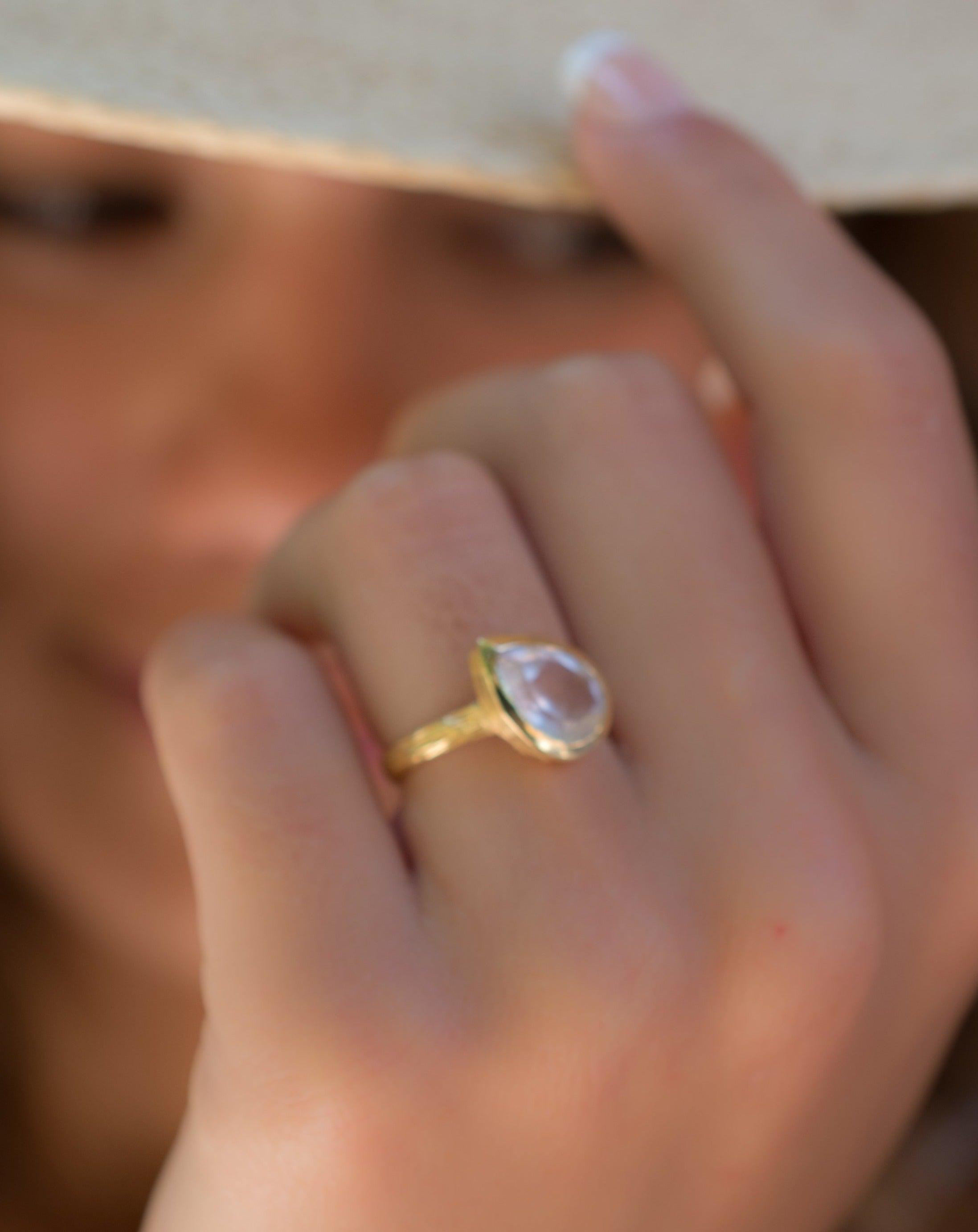 Rose Quartz Tear Drop Gold Ring ~ 18k Gold Plated ~ - Maresia Jewelry