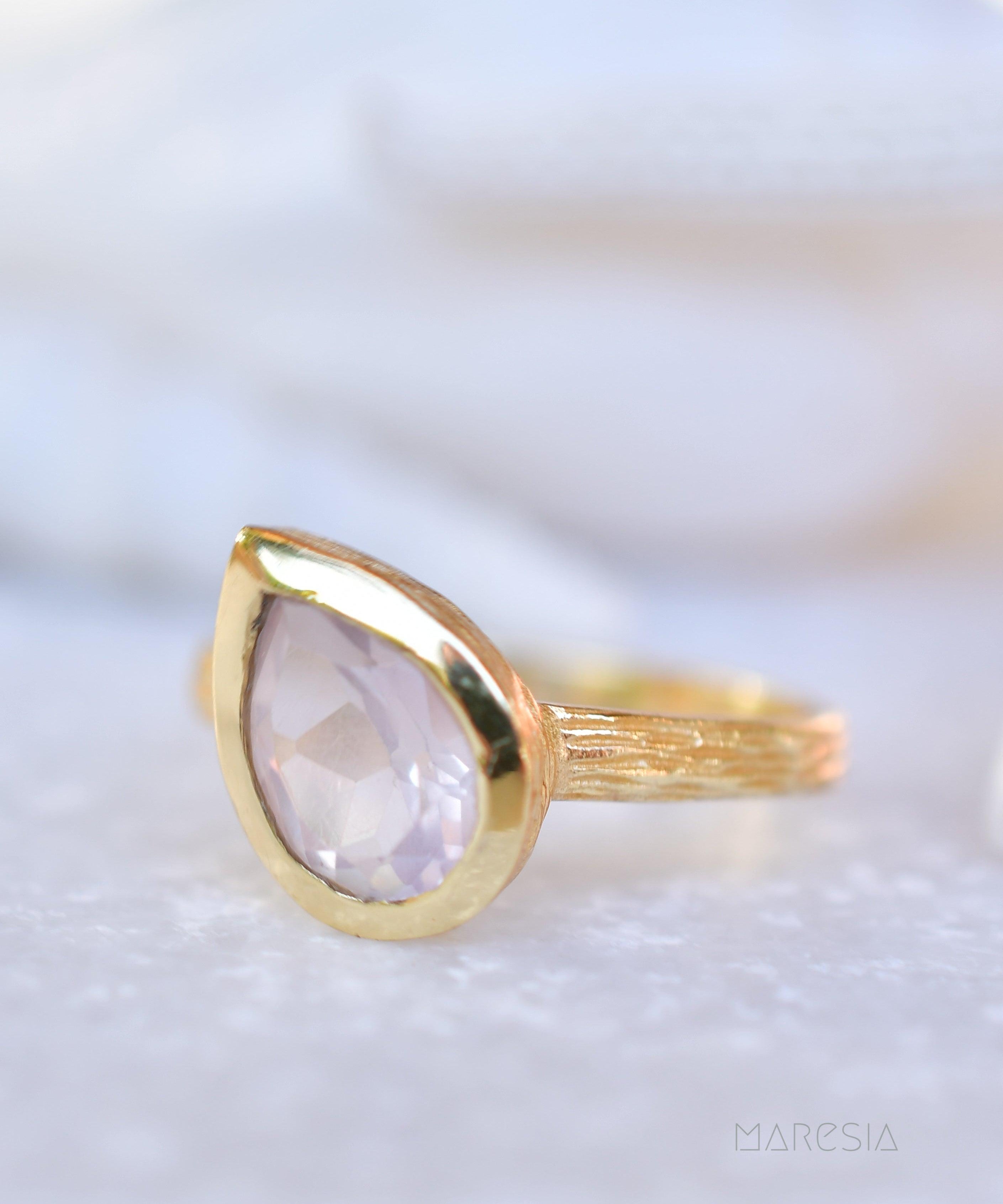 Lica Rose Quartz Tear Drop Gold Ring ~ 18k Gold Plated ~ SMR126 - Maresia Jewelry