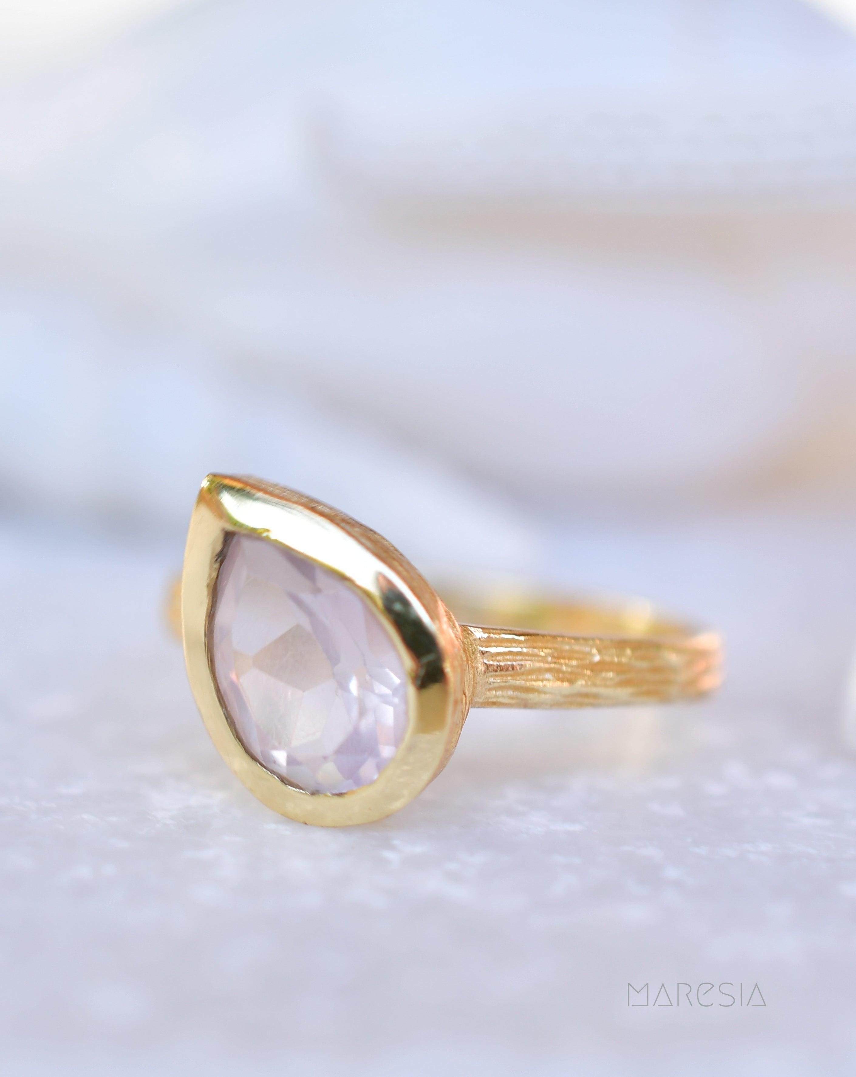 Lica Rose Quartz Tear Drop Gold Ring ~ 18k Gold Plated ~ SMR126 - Maresia Jewelry