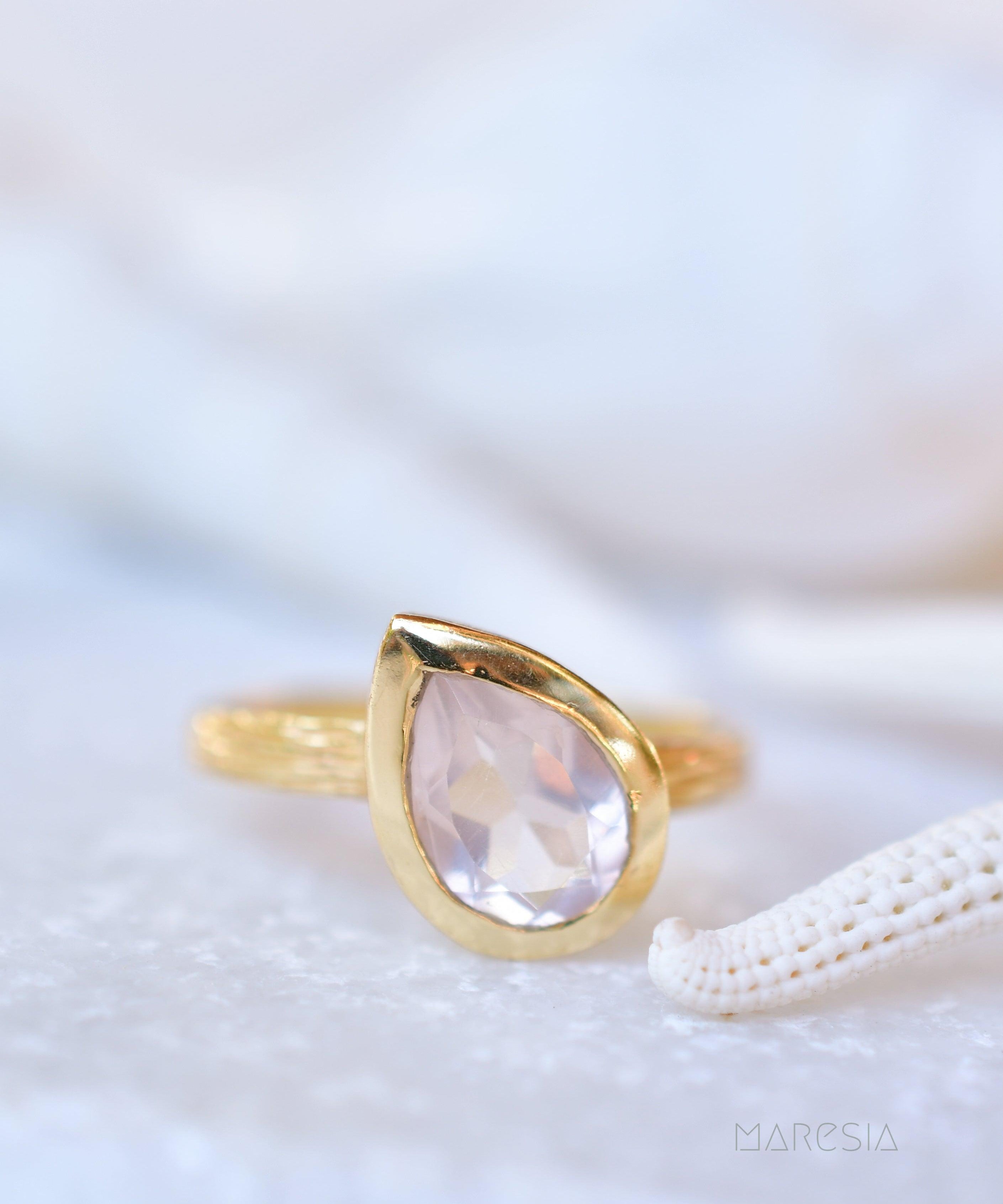 Lica Rose Quartz Tear Drop Gold Ring ~ 18k Gold Plated ~ SMR126 - Maresia Jewelry