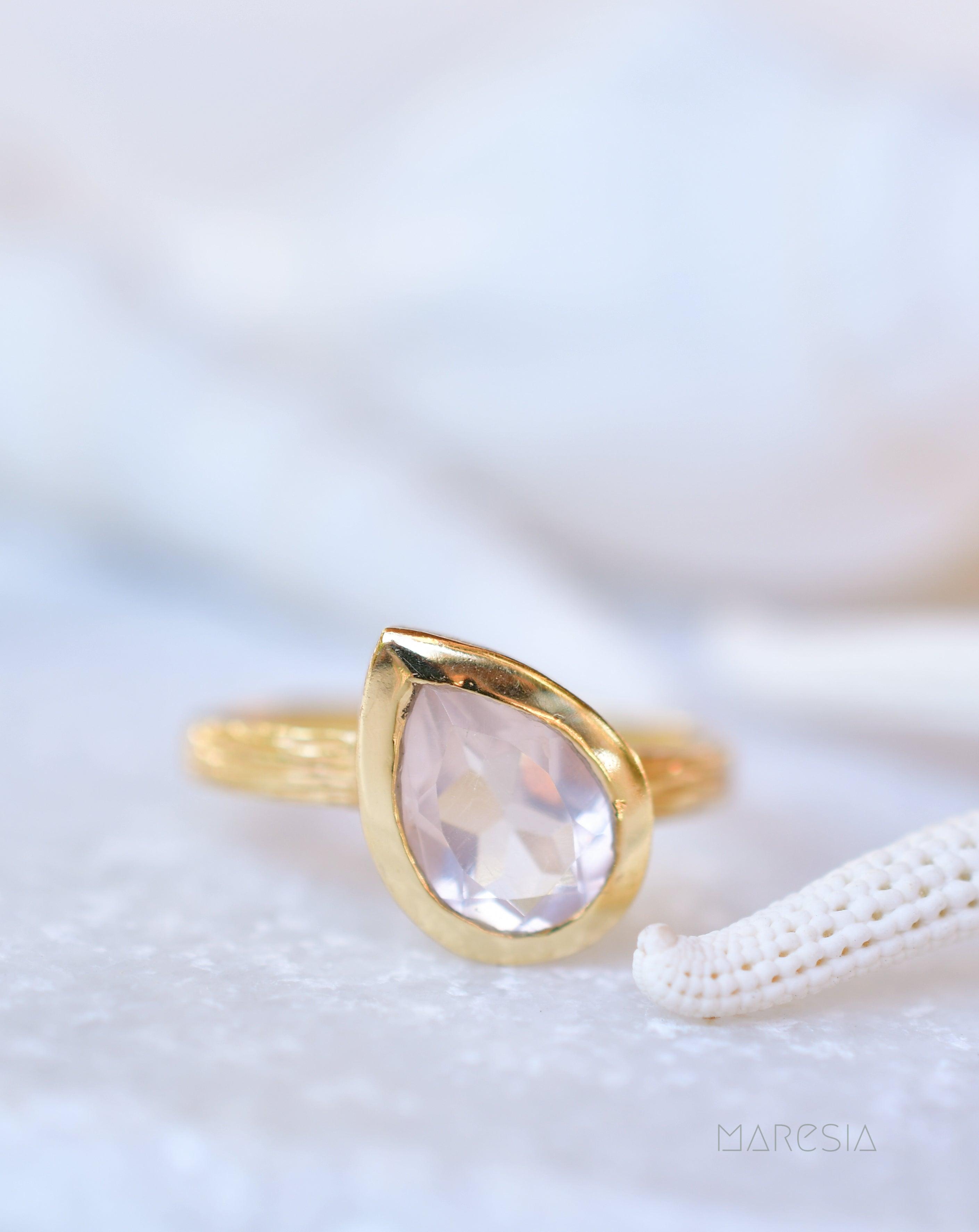 Lica Rose Quartz Tear Drop Gold Ring ~ 18k Gold Plated ~ SMR126 - Maresia Jewelry