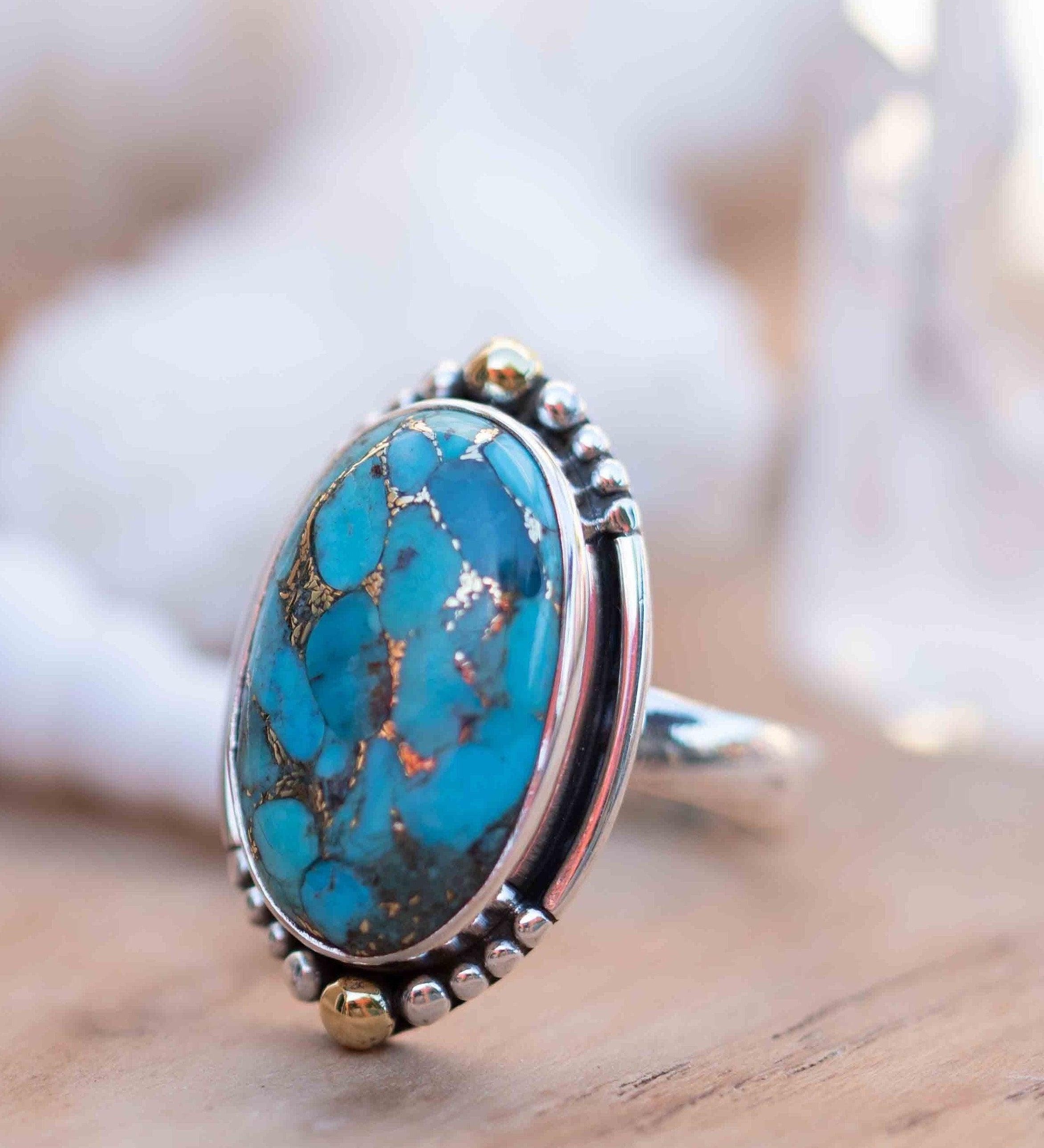 Copper Turquoise Ring ~ Mix metals ~ oval shape ~Sterling Silver 925 and brass ~ Handmade ~ Gemstone ~ Statement~ December Birthstone~ MR291