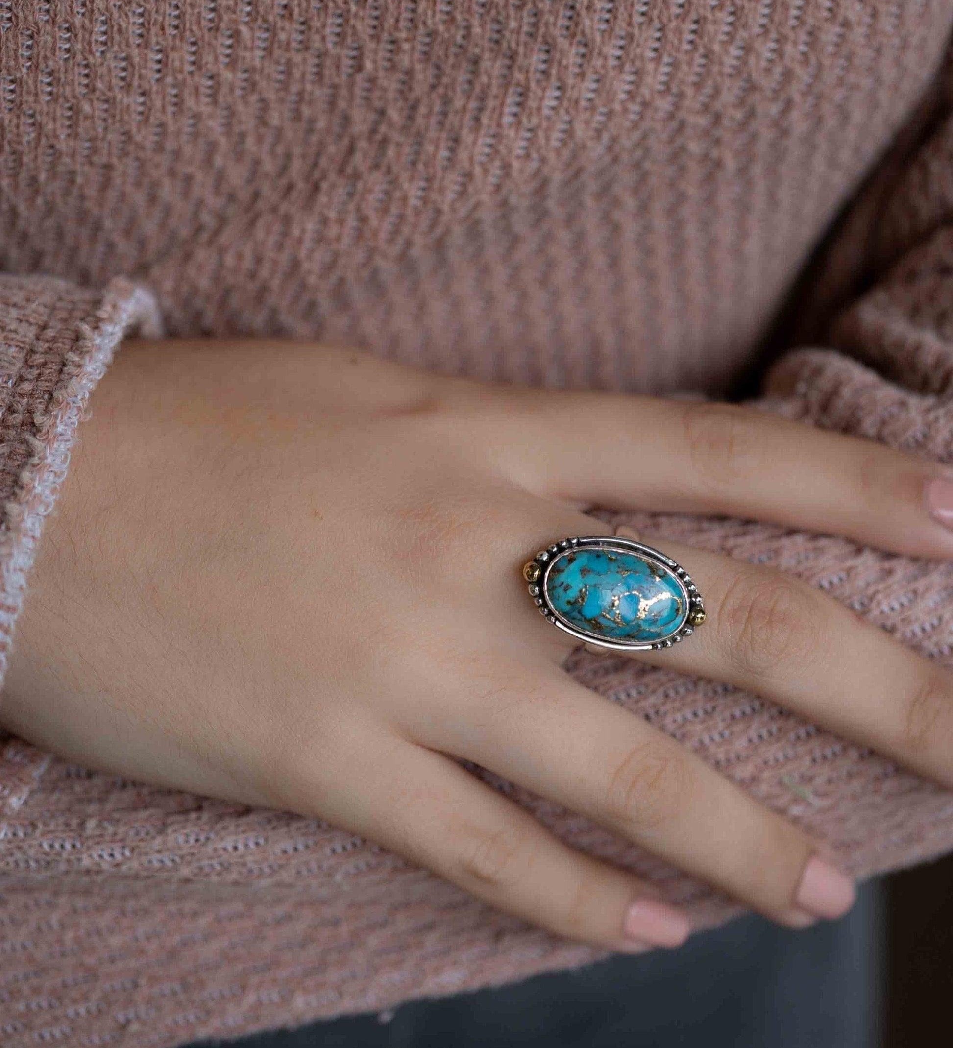 Copper Turquoise Ring ~ Mix metals ~ oval shape ~Sterling Silver 925 and brass ~ Handmade ~ Gemstone ~ Statement~ December Birthstone~ MR291