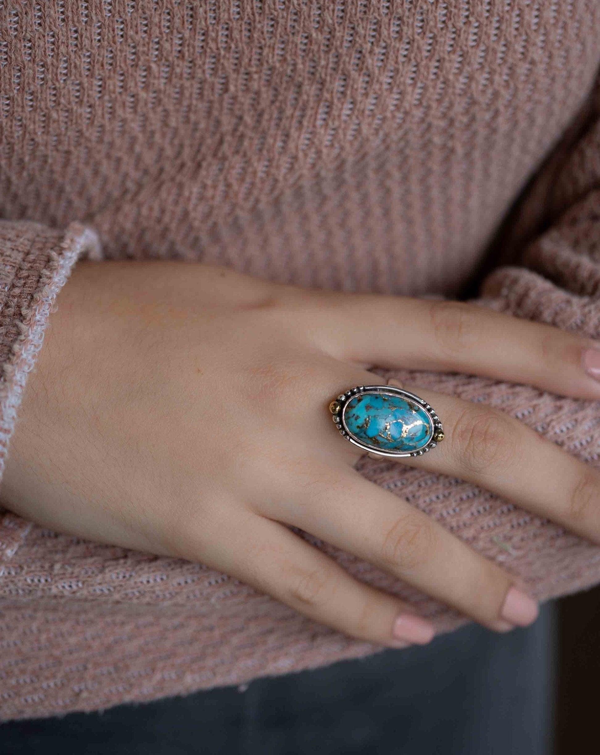 Copper Turquoise Ring ~ Mix metals ~ oval shape ~Sterling Silver 925 and brass ~ Handmade ~ Gemstone ~ Statement~ December Birthstone~ MR291