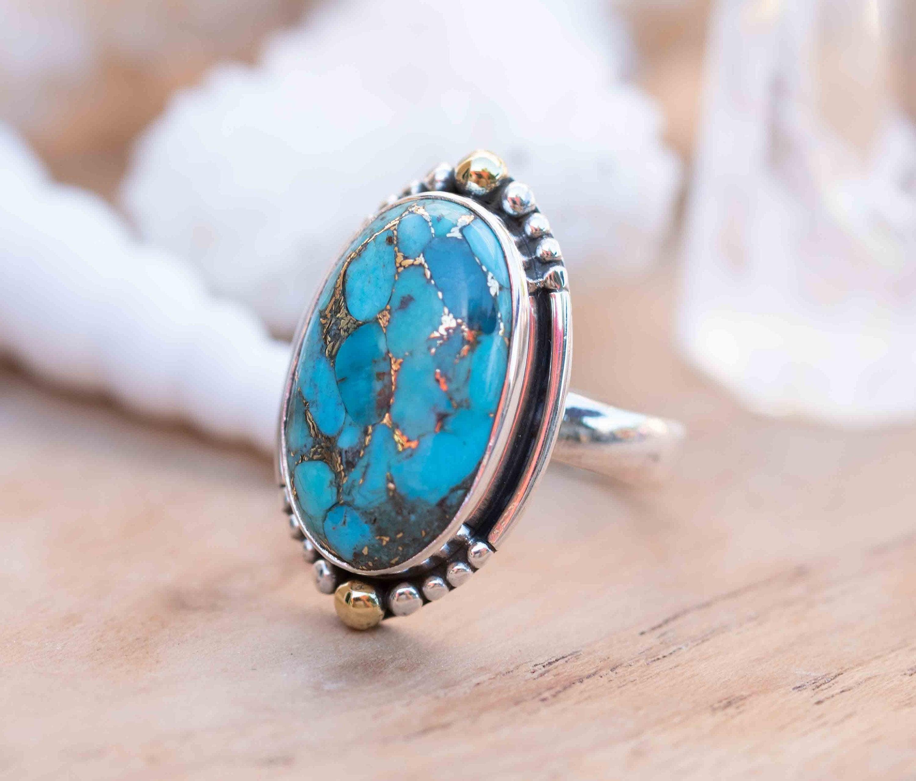 Copper Turquoise Ring ~ Mix metals ~ oval shape ~Sterling Silver 925 and brass ~ Handmade ~ Gemstone ~ Statement~ December Birthstone~ MR291