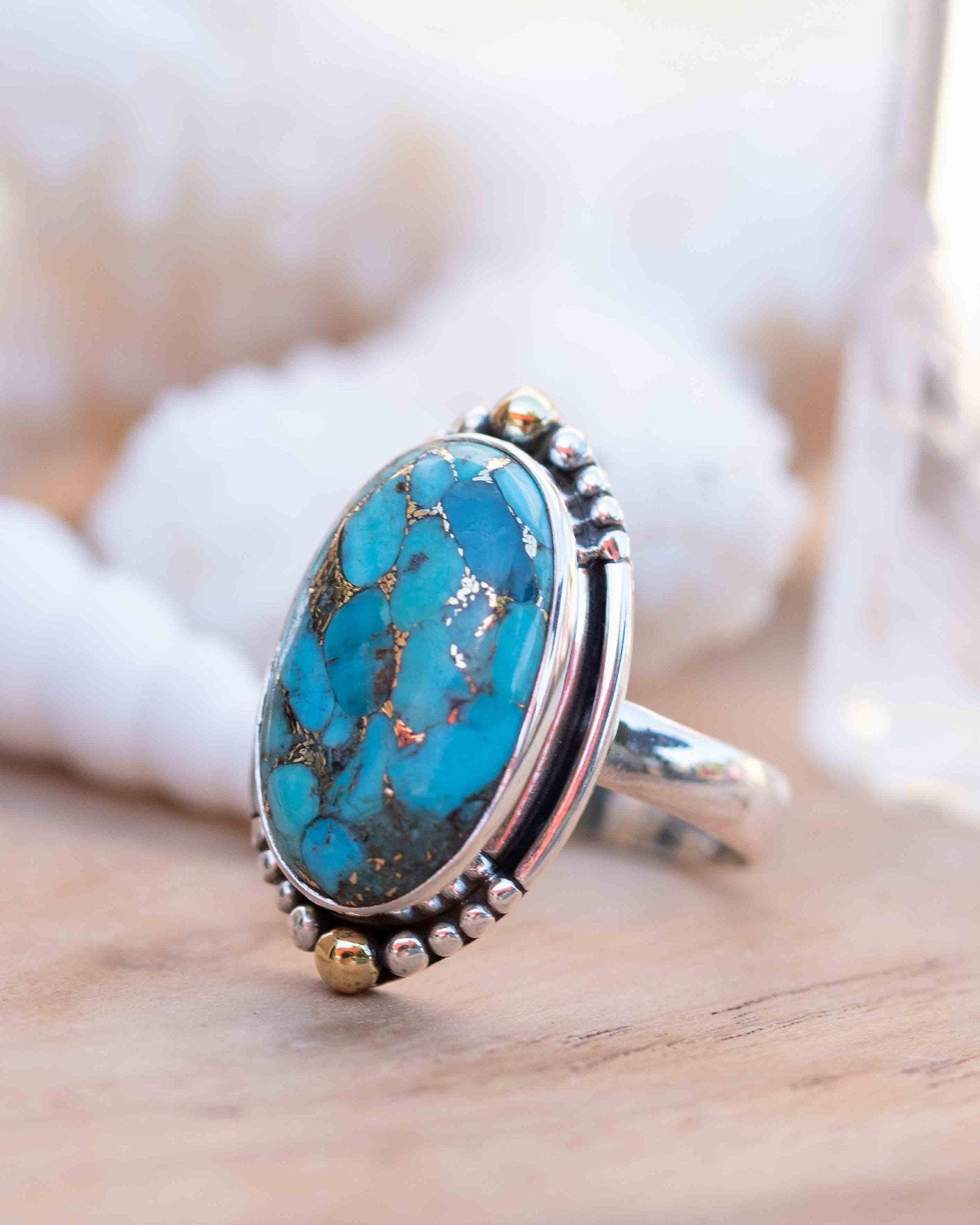 Copper Turquoise Ring ~ Mix metals ~ oval shape ~Sterling Silver 925 and brass ~ Handmade ~ Gemstone ~ Statement~ December Birthstone~ MR291