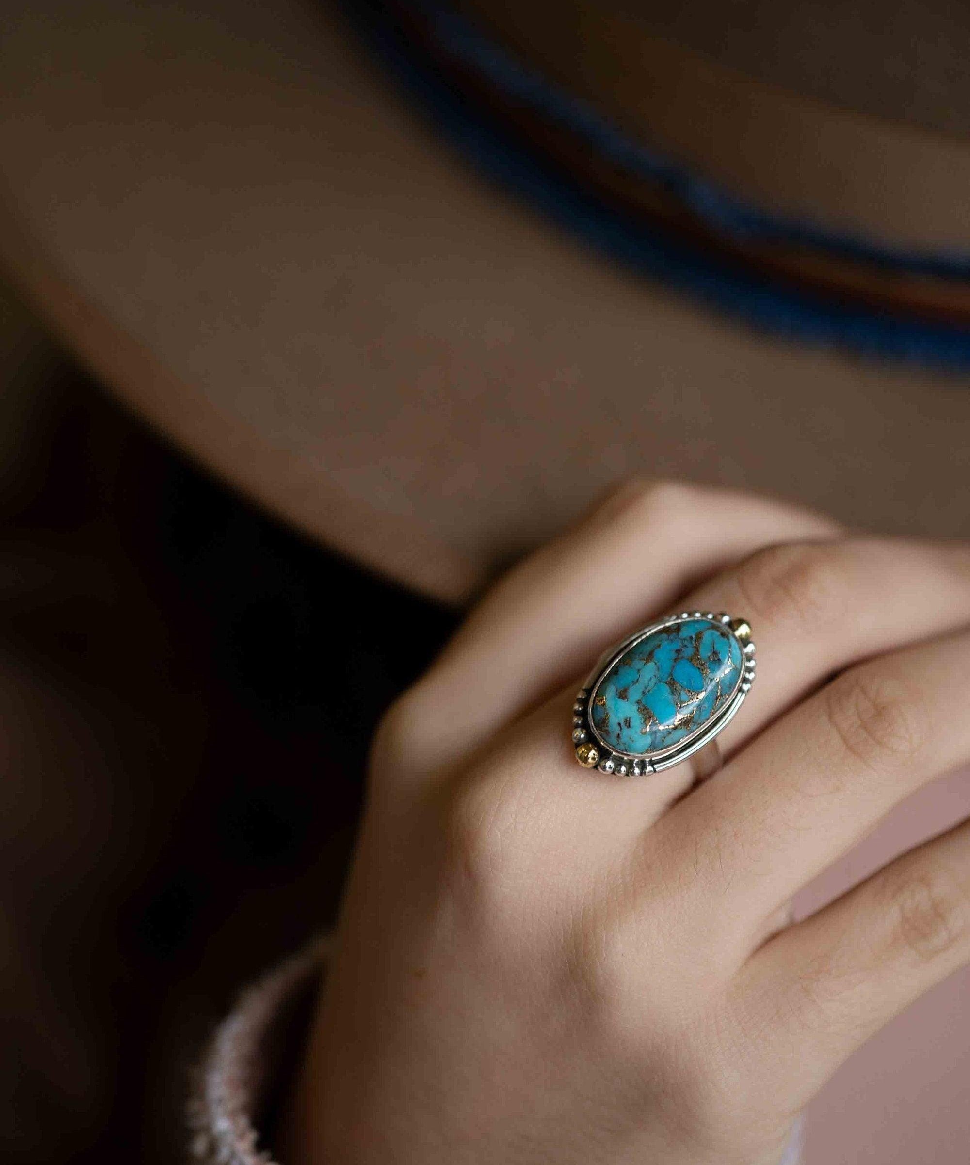 Copper Turquoise Ring ~ Mix metals ~ oval shape ~Sterling Silver 925 and brass ~ Handmade ~ Gemstone ~ Statement~ December Birthstone~ MR291