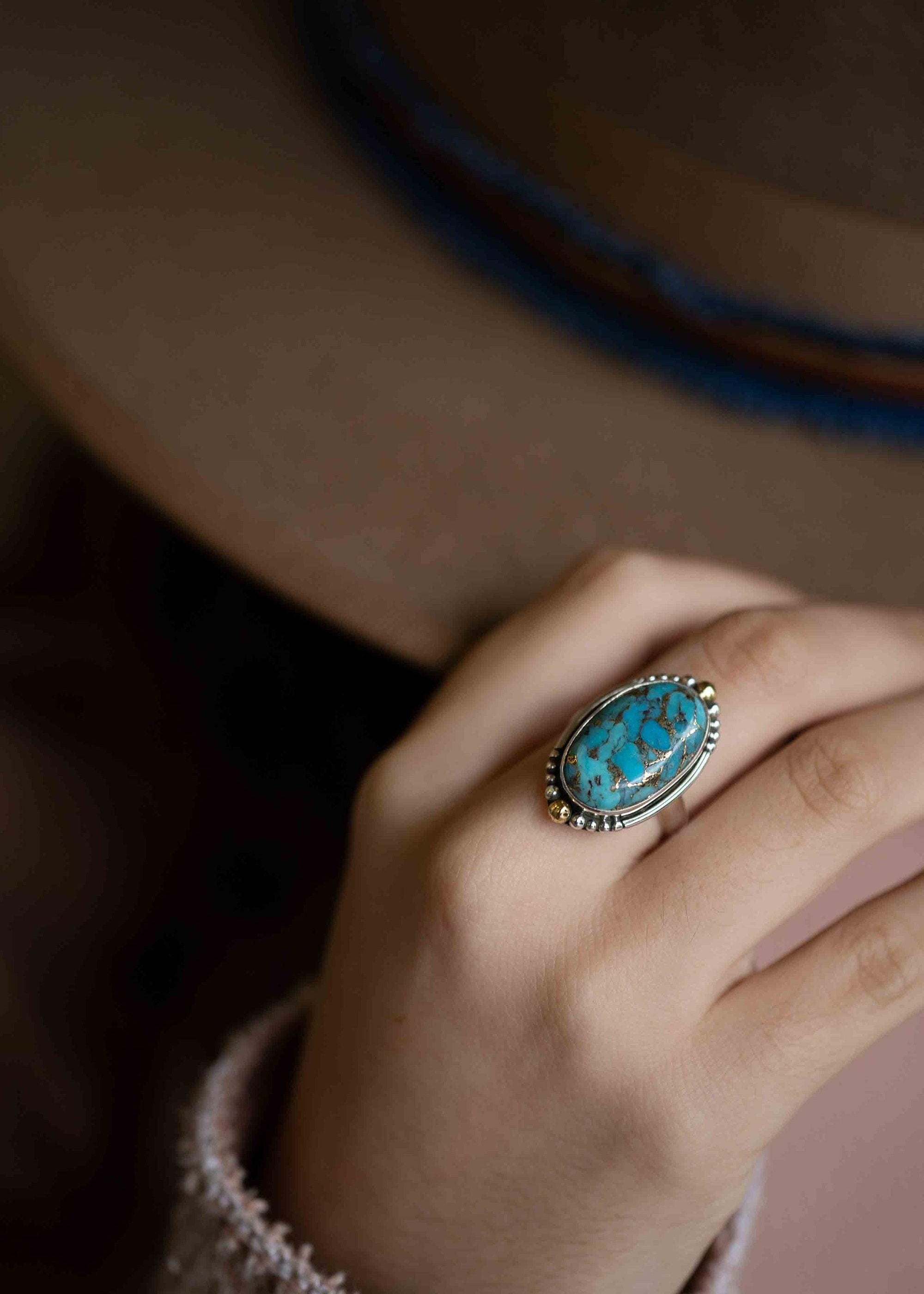 Copper Turquoise Ring ~ Mix metals ~ oval shape ~Sterling Silver 925 and brass ~ Handmade ~ Gemstone ~ Statement~ December Birthstone~ MR291