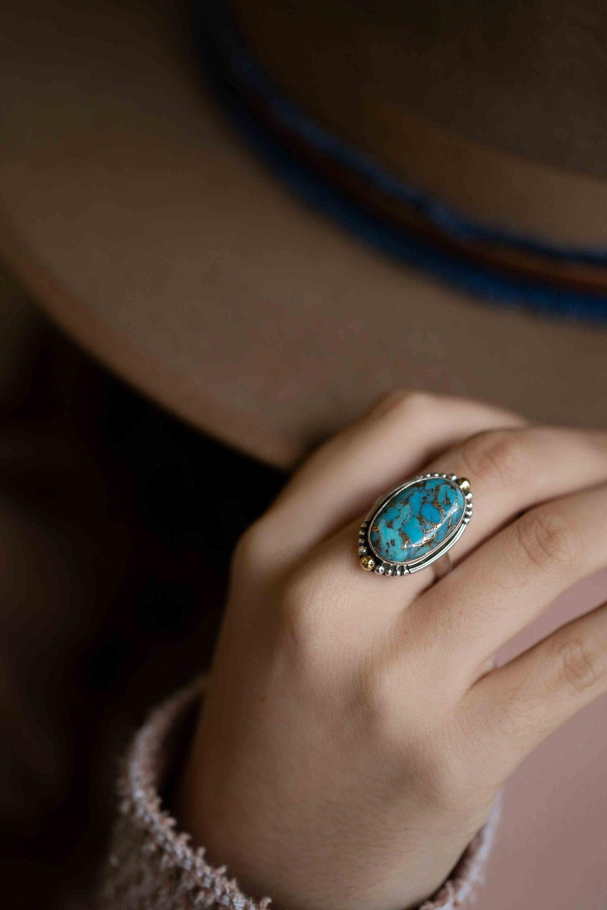 Copper Turquoise Ring ~ Mix metals ~ oval shape ~Sterling Silver 925 and brass ~ Handmade ~ Gemstone ~ Statement~ December Birthstone~ MR291