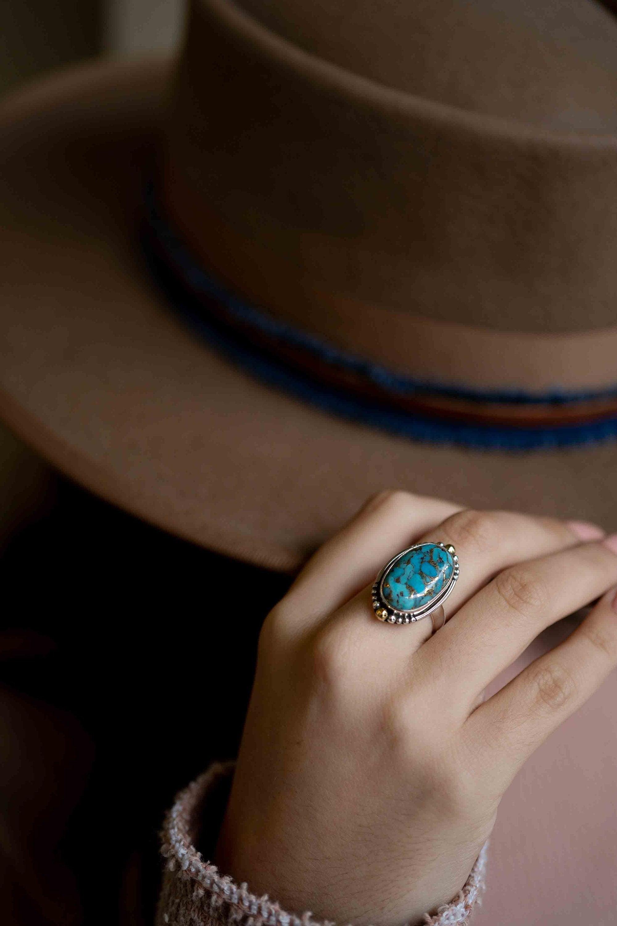 Copper Turquoise Ring ~ Mix metals ~ oval shape ~Sterling Silver 925 and brass ~ Handmade ~ Gemstone ~ Statement~ December Birthstone~ MR291