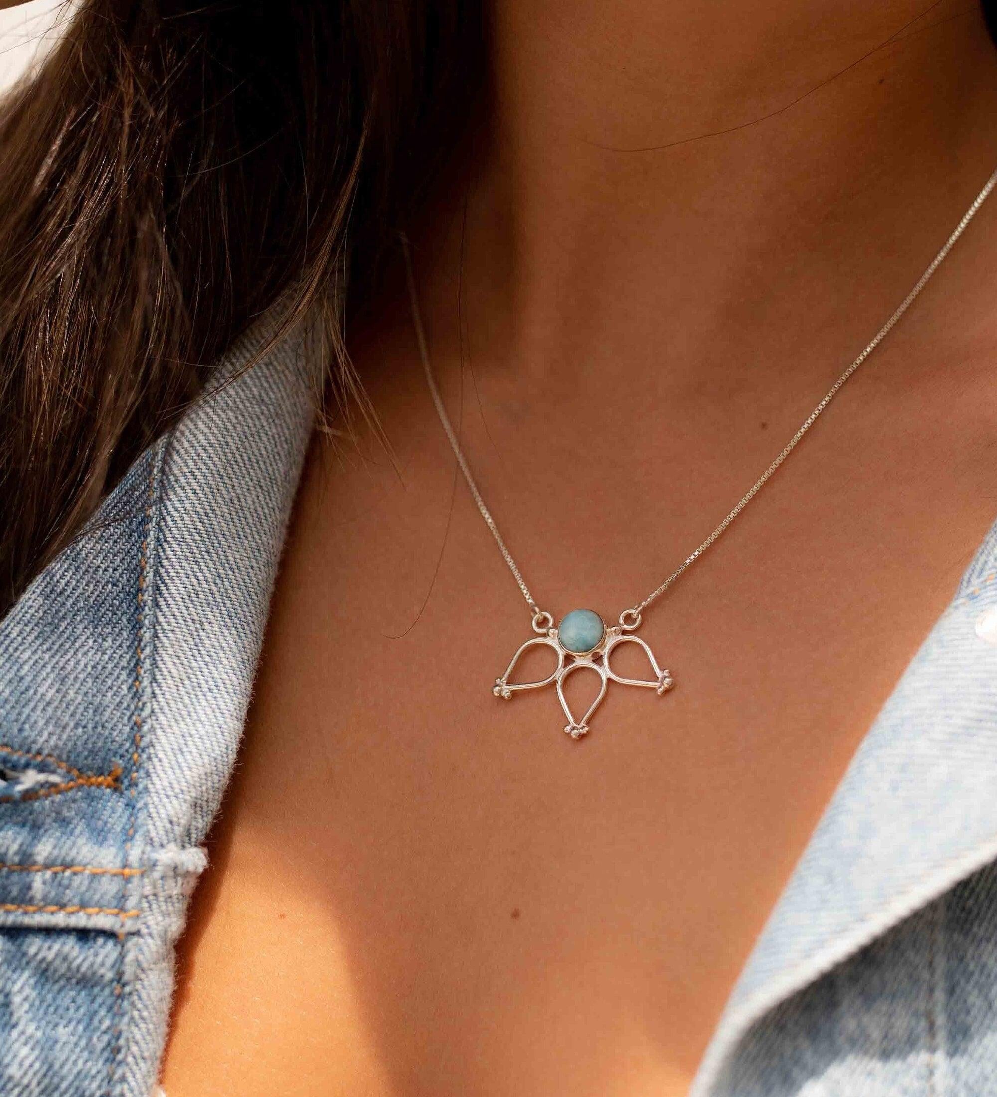 Larimar Lotus Flower Necklace ~ Sterling Silver 925 ~Jewelry  ~ Minimalist~ Handmade~ Thin Chain~ Delicate ~Layered ~ MN076