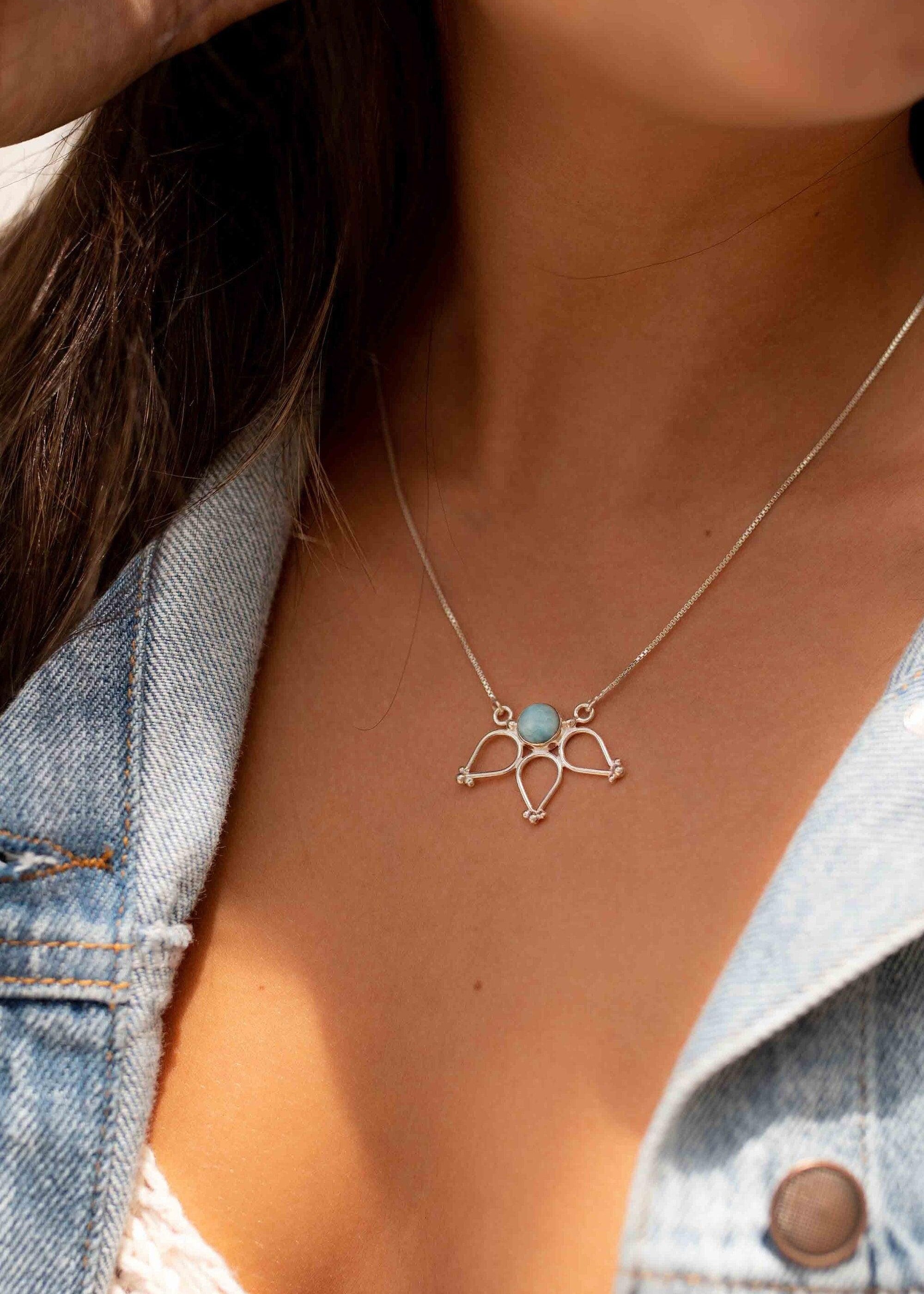 Larimar Lotus Flower Necklace ~ Sterling Silver 925 ~Jewelry  ~ Minimalist~ Handmade~ Thin Chain~ Delicate ~Layered ~ MN076