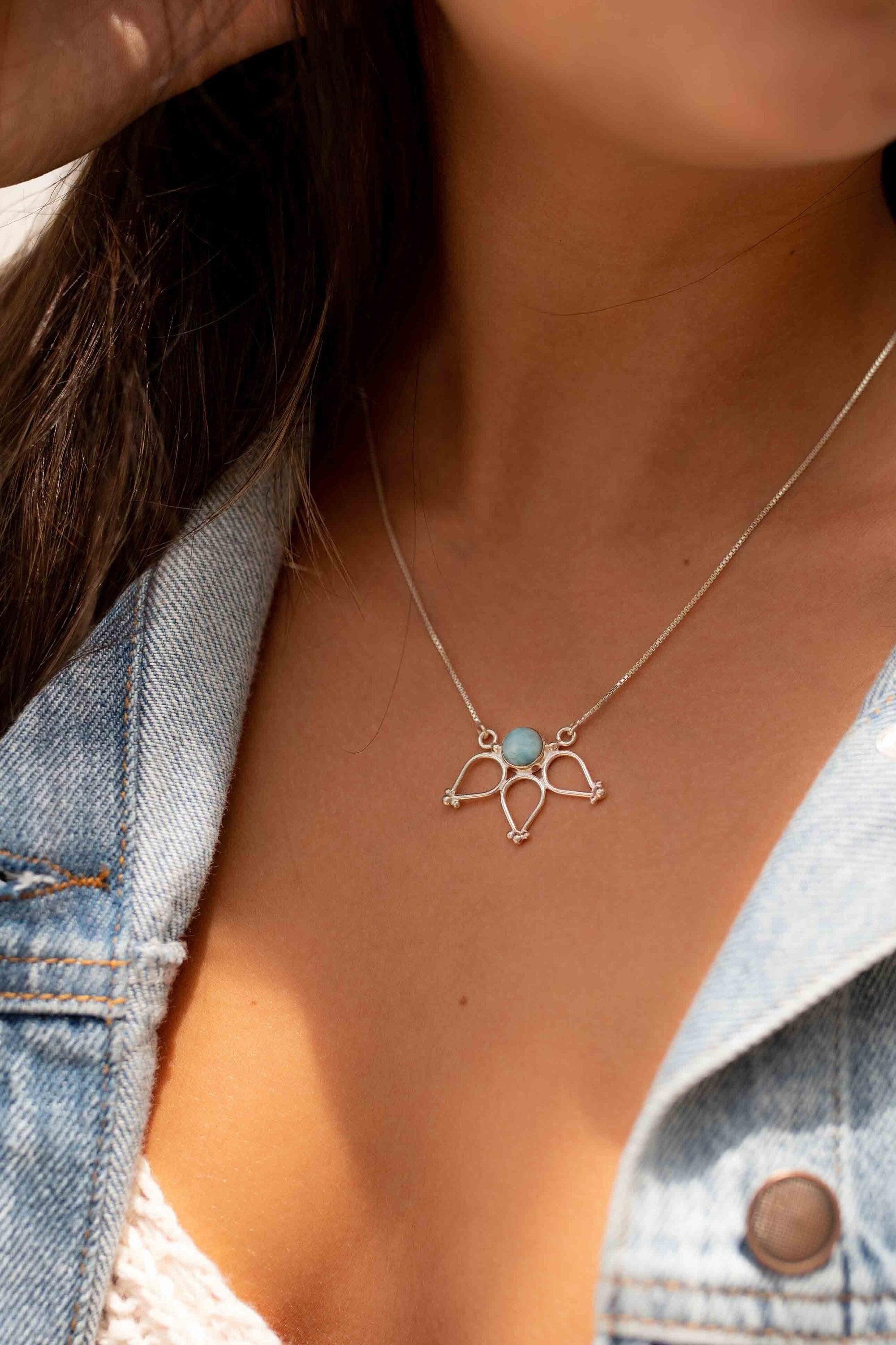 Larimar Lotus Flower Necklace ~ Sterling Silver 925 ~Jewelry  ~ Minimalist~ Handmade~ Thin Chain~ Delicate ~Layered ~ MN076