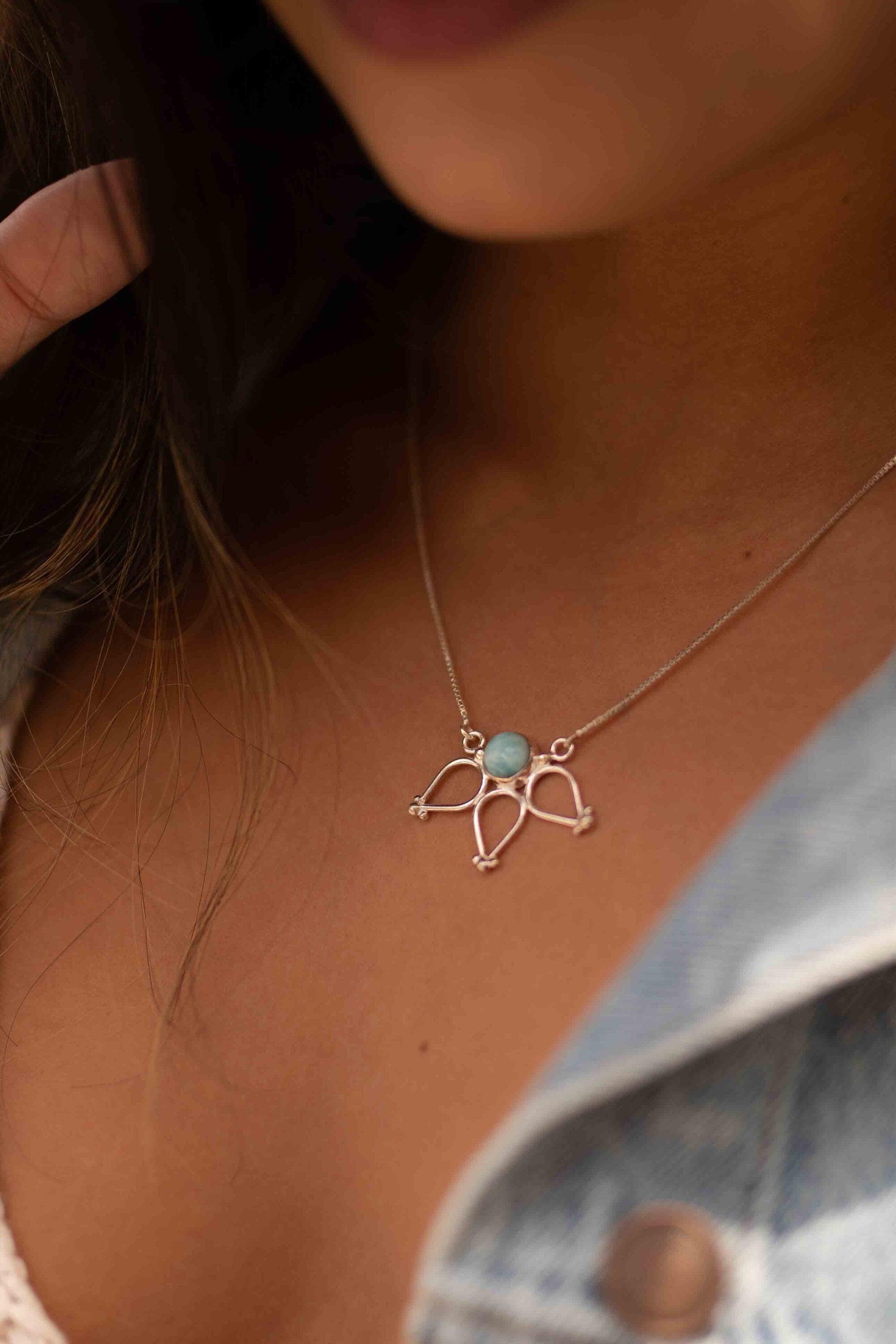 Larimar Lotus Flower Necklace ~ Sterling Silver 925 ~Jewelry  ~ Minimalist~ Handmade~ Thin Chain~ Delicate ~Layered ~ MN076