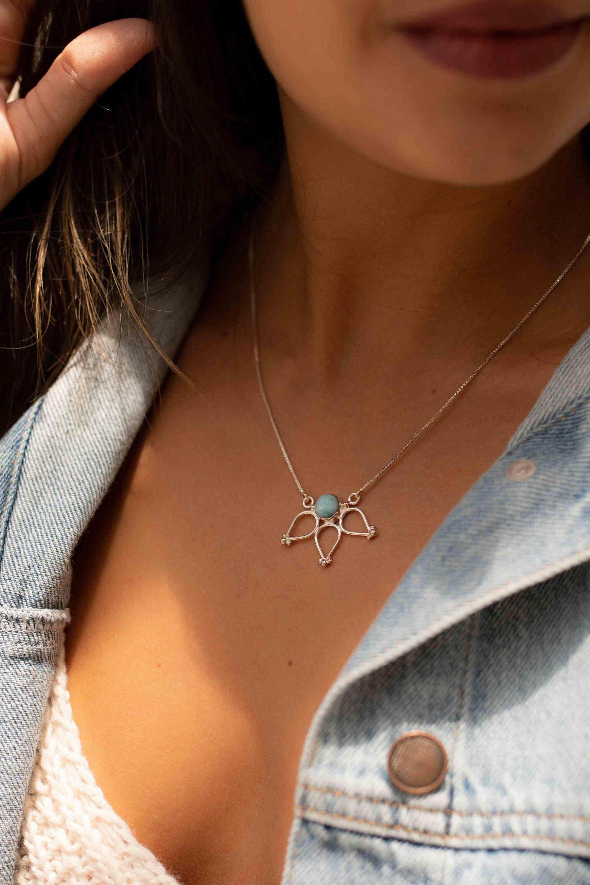 Larimar Lotus Flower Necklace ~ Sterling Silver 925 ~Jewelry  ~ Minimalist~ Handmade~ Thin Chain~ Delicate ~Layered ~ MN076