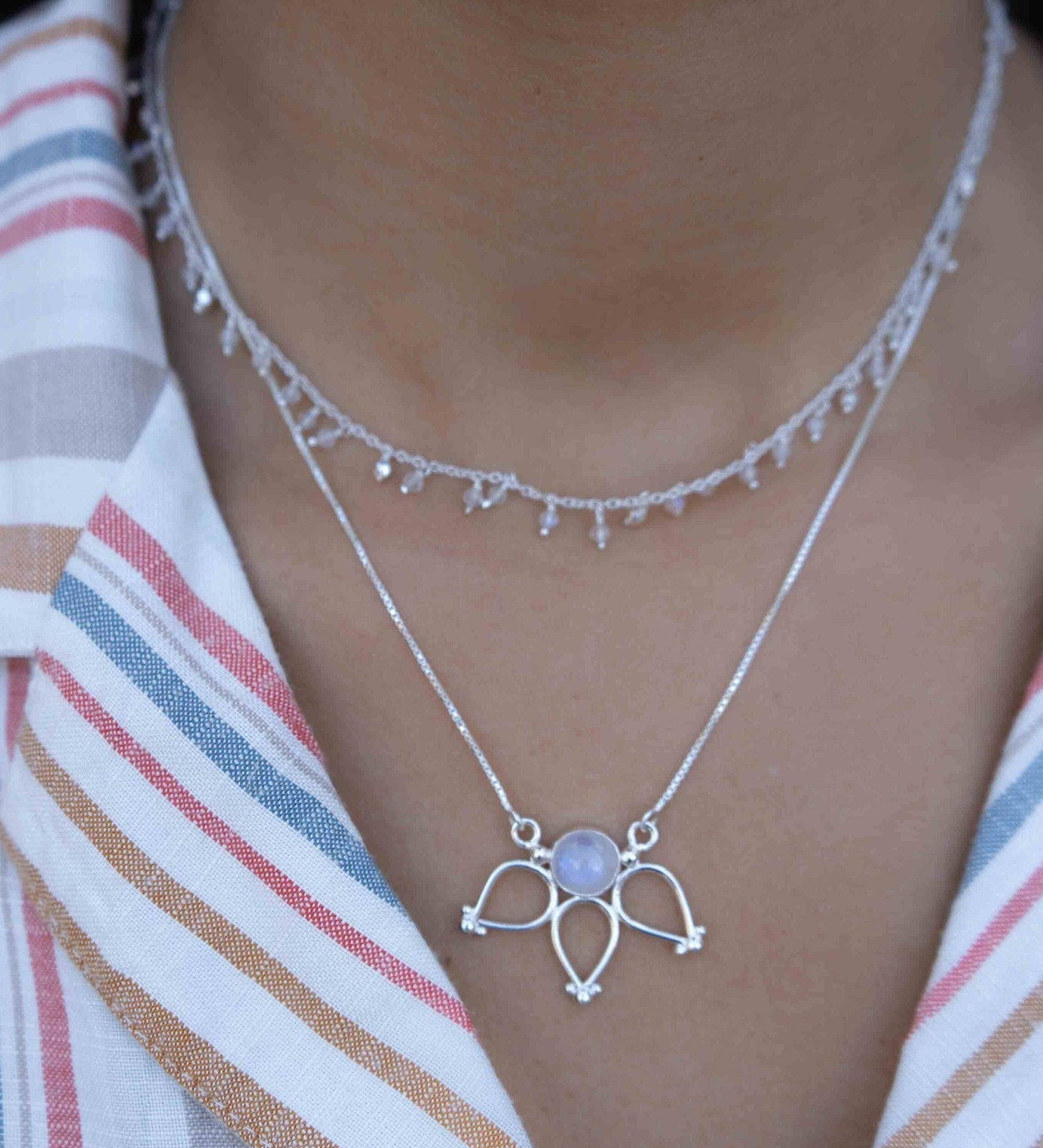 Moonstone Lotus Flower Necklace (only) ~ Sterling Silver 925 ~Jewelry  ~ Minimalist~ Handmade~ Thin Chain~ Delicate ~Layered ~ MN077