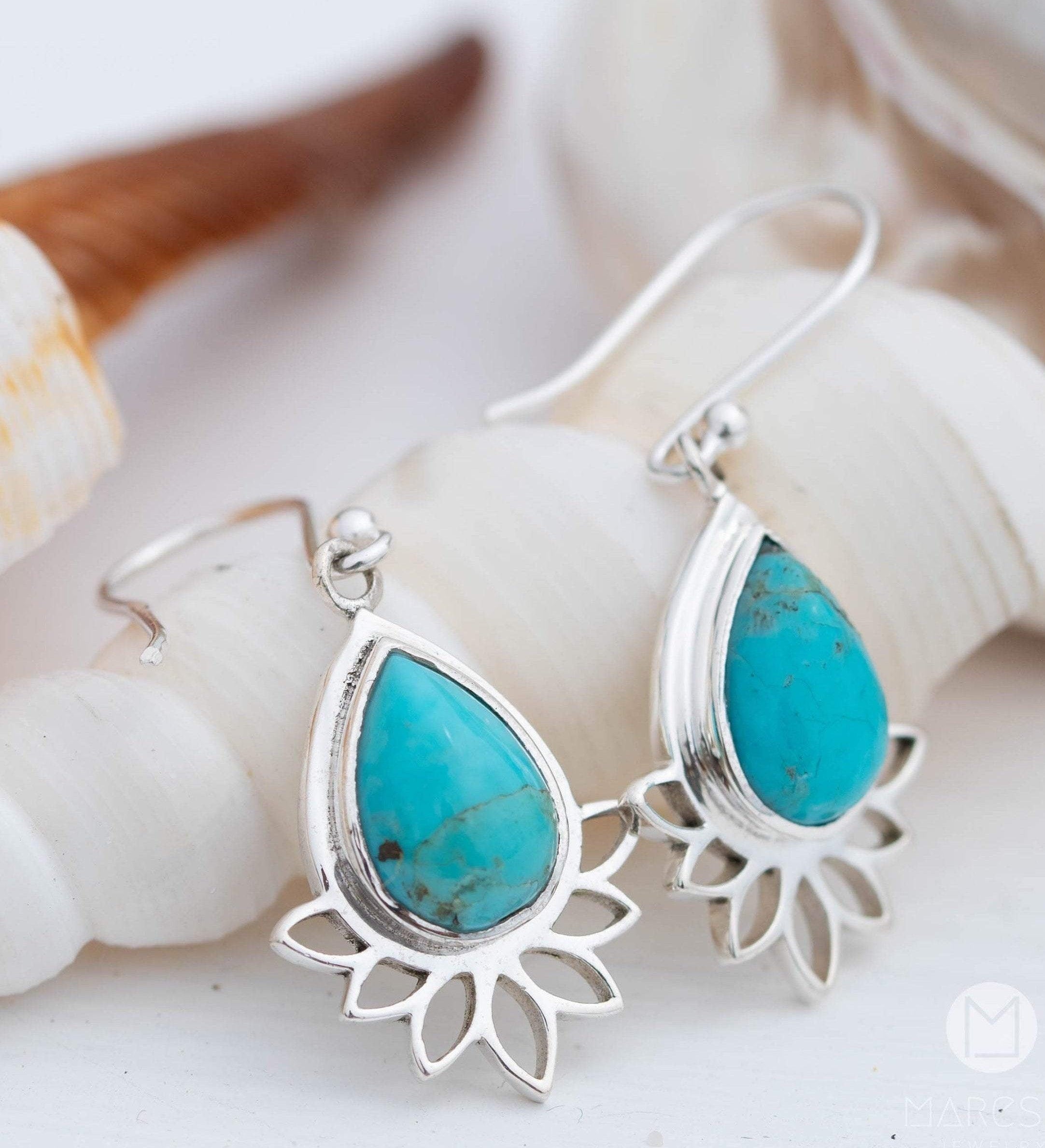 Lotus flower Turquoise or Moonstone Earrings ~ Gemstone ~ Dangle ~ Sterling Silver 925 ~ Jewelry ~ Blue ~ Handmade~ ME155