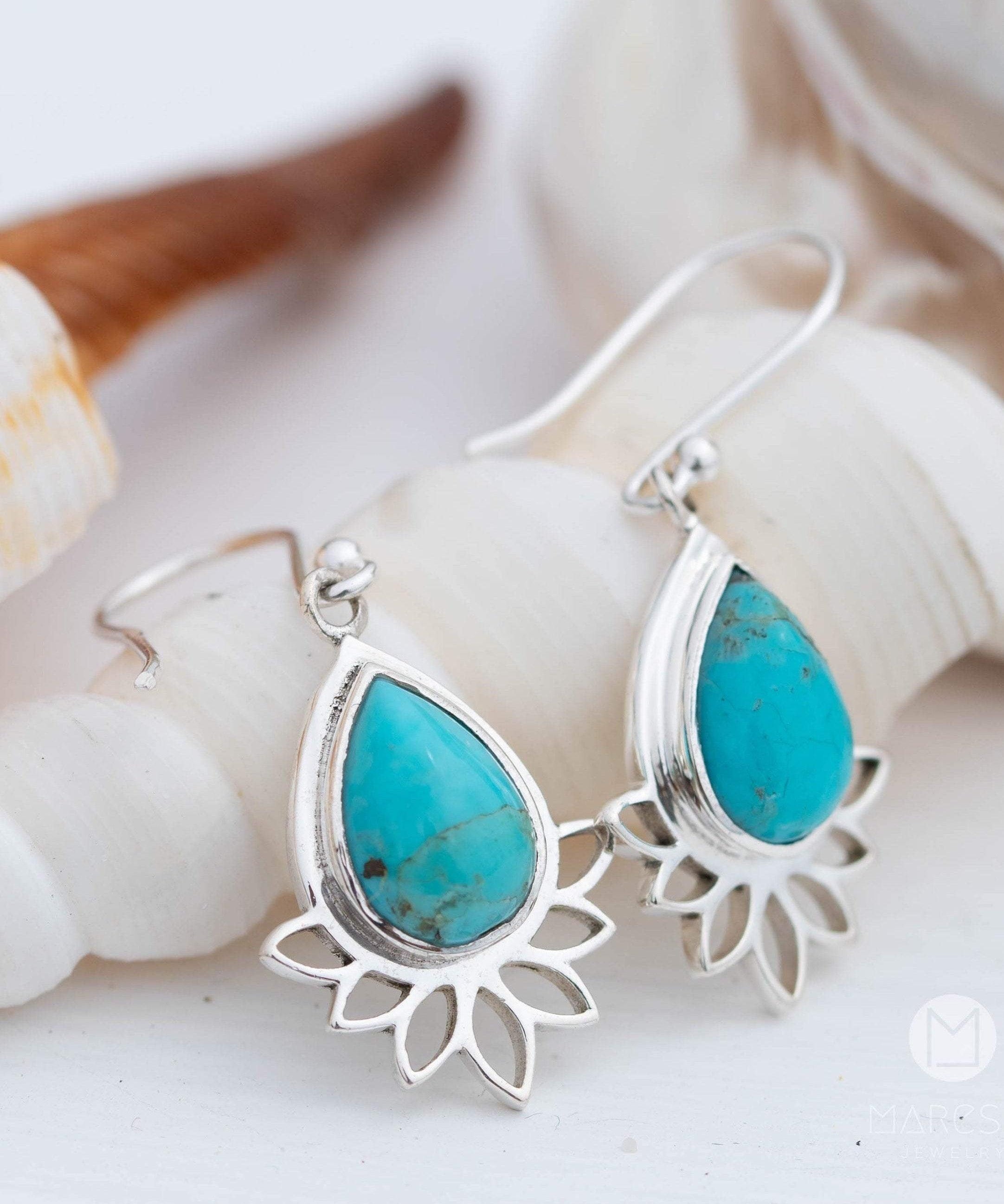 Lotus flower Turquoise or Moonstone Earrings ~ Gemstone ~ Dangle ~ Sterling Silver 925 ~ Jewelry ~ Blue ~ Handmade~ ME155