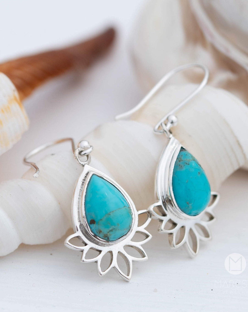 Lotus flower Turquoise or Moonstone Earrings ~ Gemstone ~ Dangle ~ Sterling Silver 925 ~ Jewelry ~ Blue ~ Handmade~ ME155