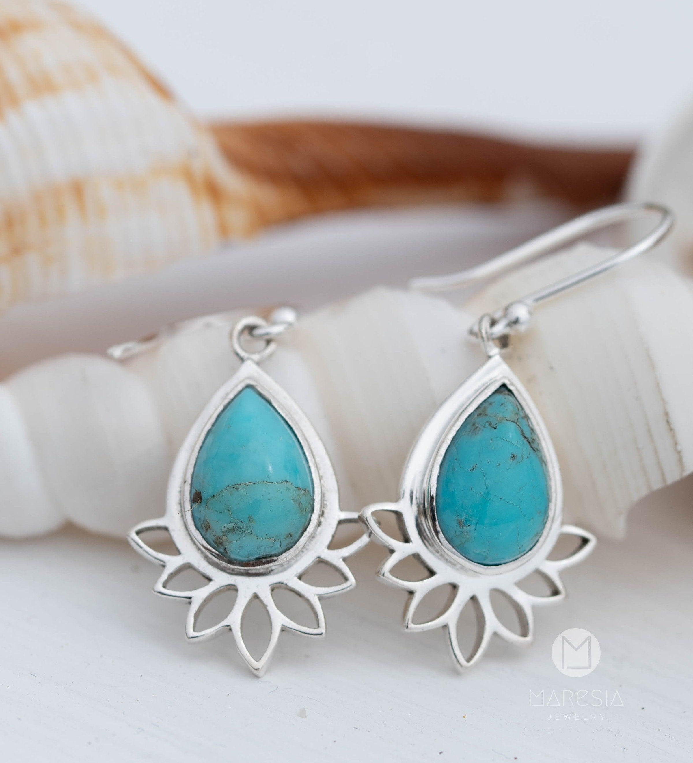 Lotus flower Turquoise or Moonstone Earrings ~ Gemstone ~ Dangle ~ Sterling Silver 925 ~ Jewelry ~ Blue ~ Handmade~ ME155
