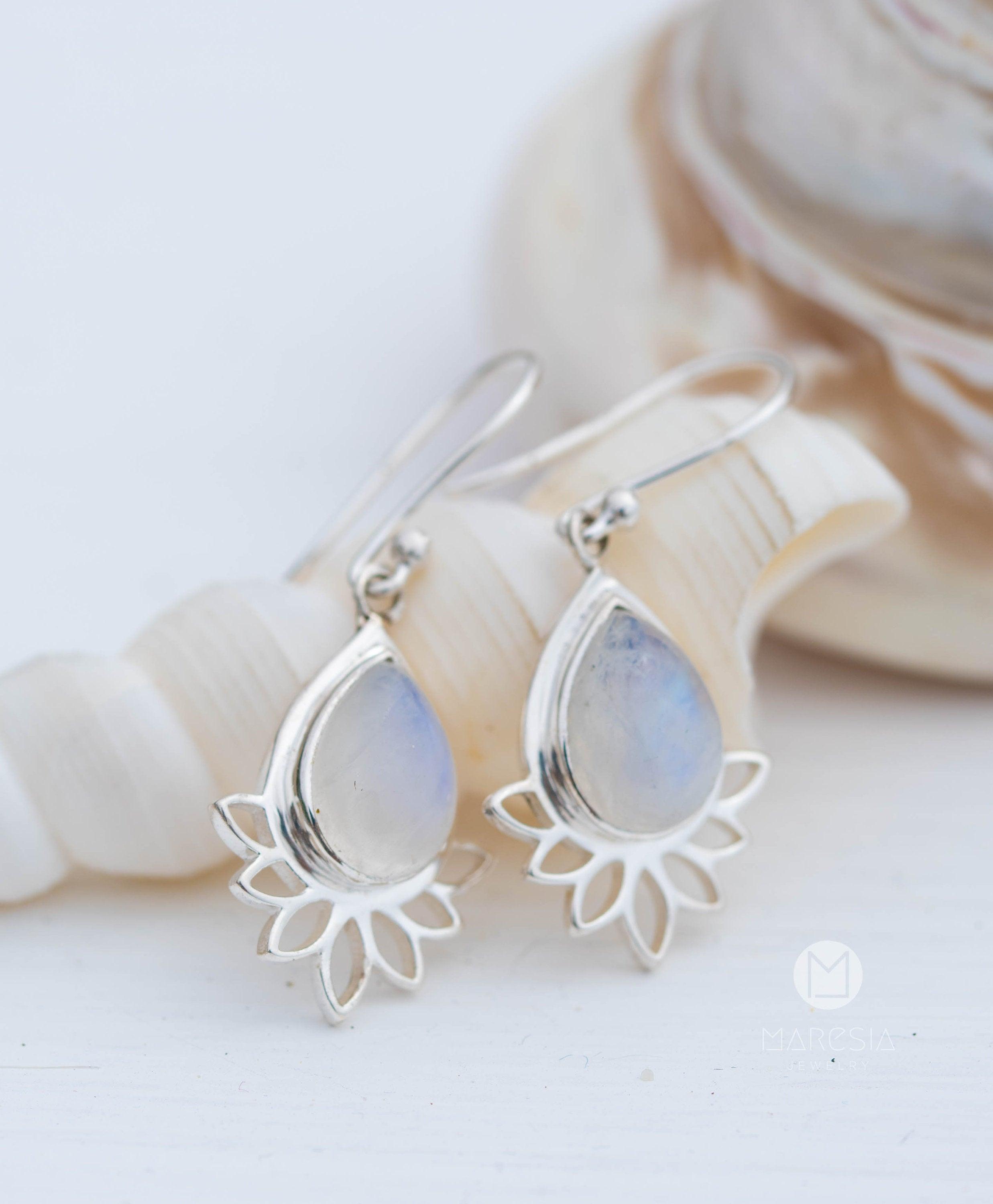 Lotus flower Turquoise or Moonstone Earrings ~ Gemstone ~ Dangle ~ Sterling Silver 925 ~ Jewelry ~ Blue ~ Handmade~ ME155