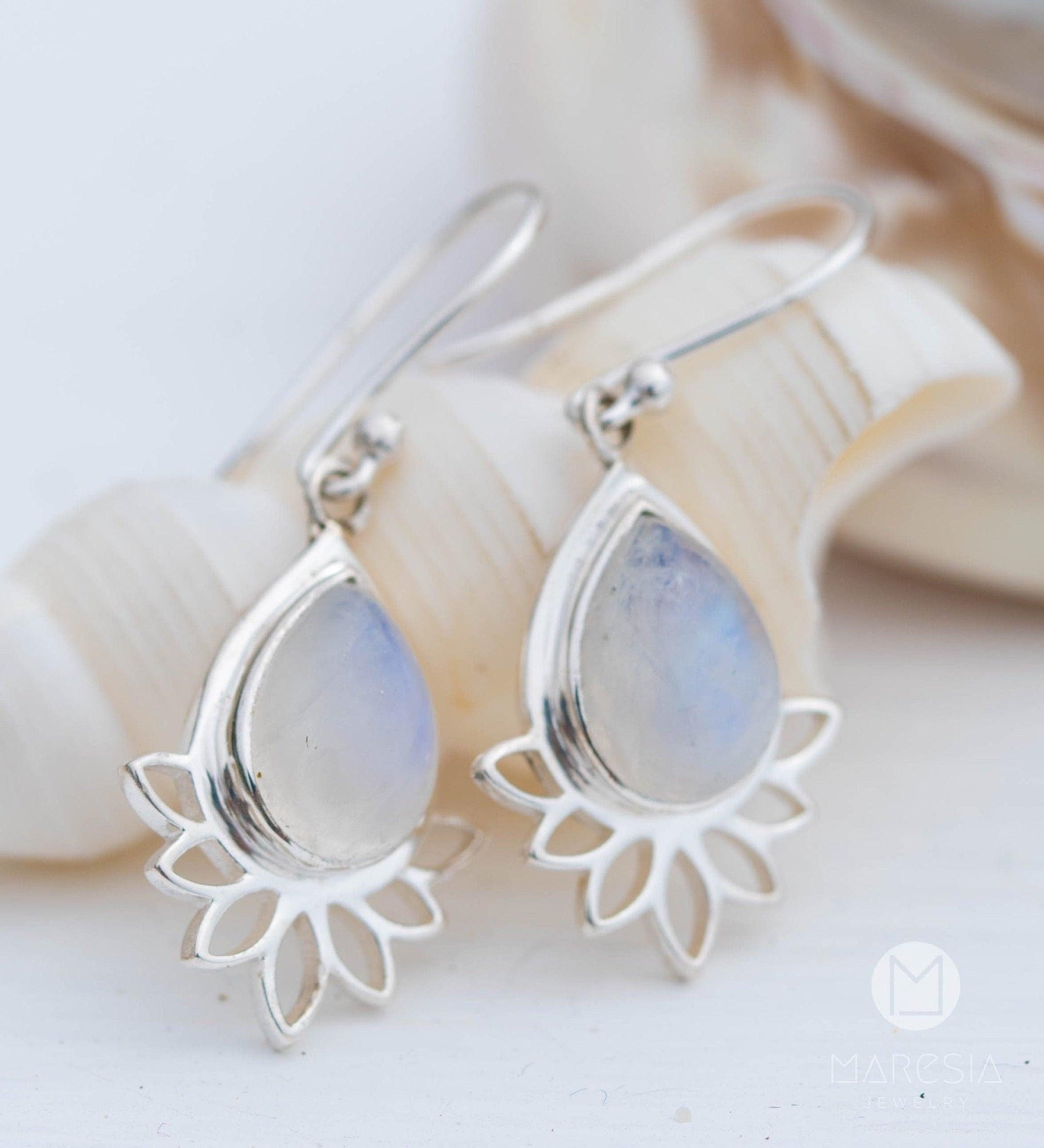 Lotus flower Turquoise or Moonstone Earrings ~ Gemstone ~ Dangle ~ Sterling Silver 925 ~ Jewelry ~ Blue ~ Handmade~ ME155A